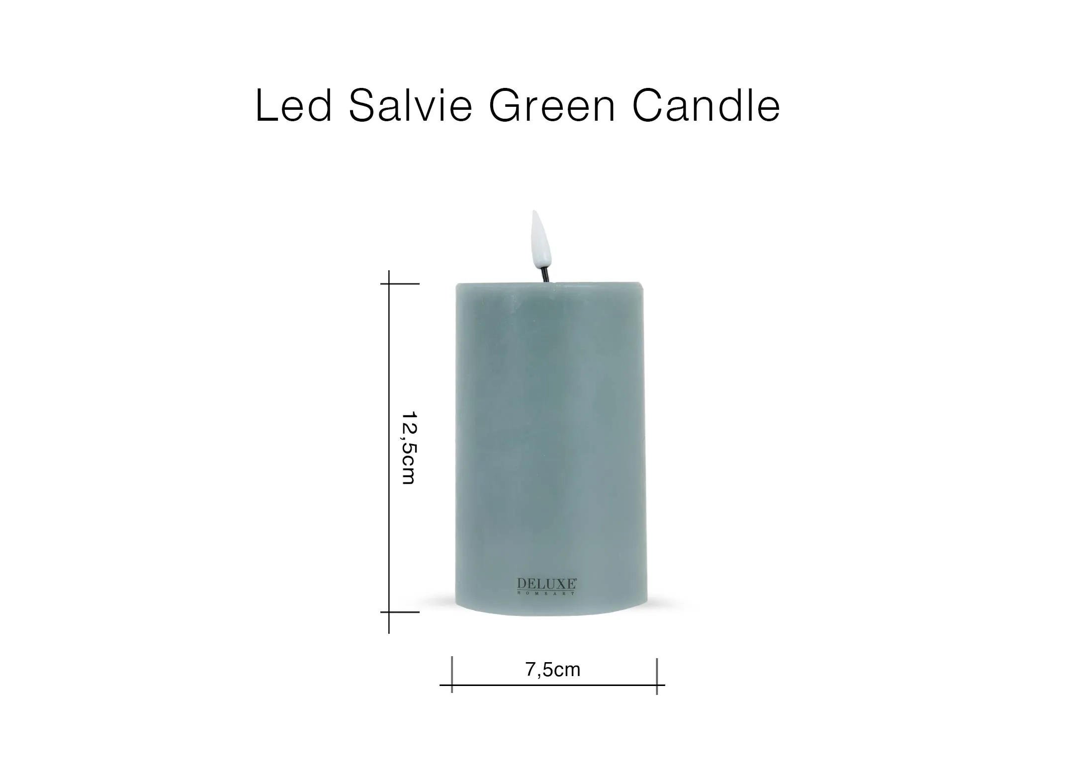 A dimension image of the LED Green Candle with 7.5cm x 12.5cm