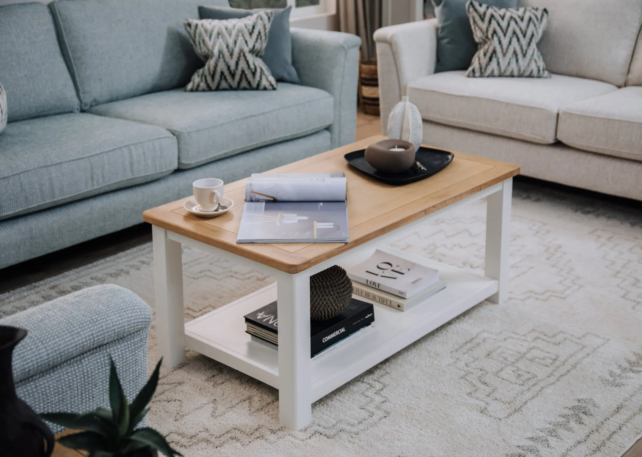 A lifestyle image of the Barleycove coffee table with Ella sofa range and Nizza rug