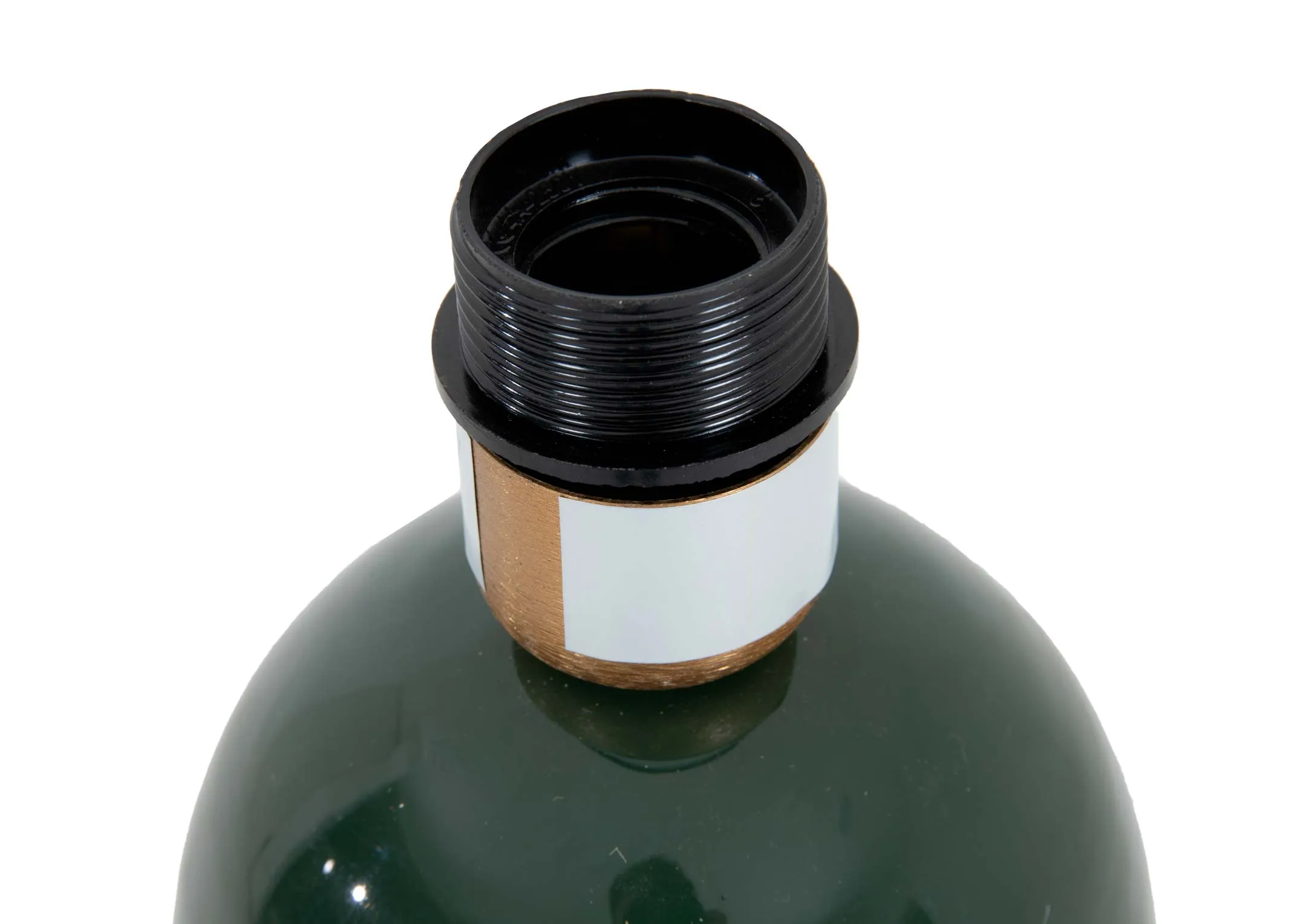 A dark green table lamp from EZ Livings Van range. Closeup of e27 bulb