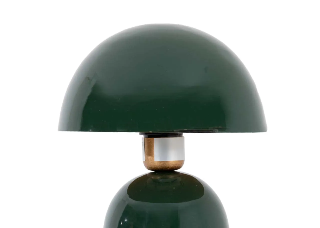 A dark green table lamp from EZ Livings Van range. Closeup of helmet shade