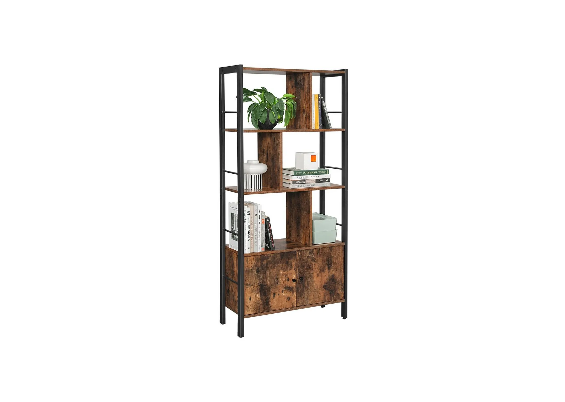 A metal framed display cabinet with 2 rustic wood cupboards and 3 shelves from EZ Livings Jools range. Angled view of samples of plants books and ornaments on shelves