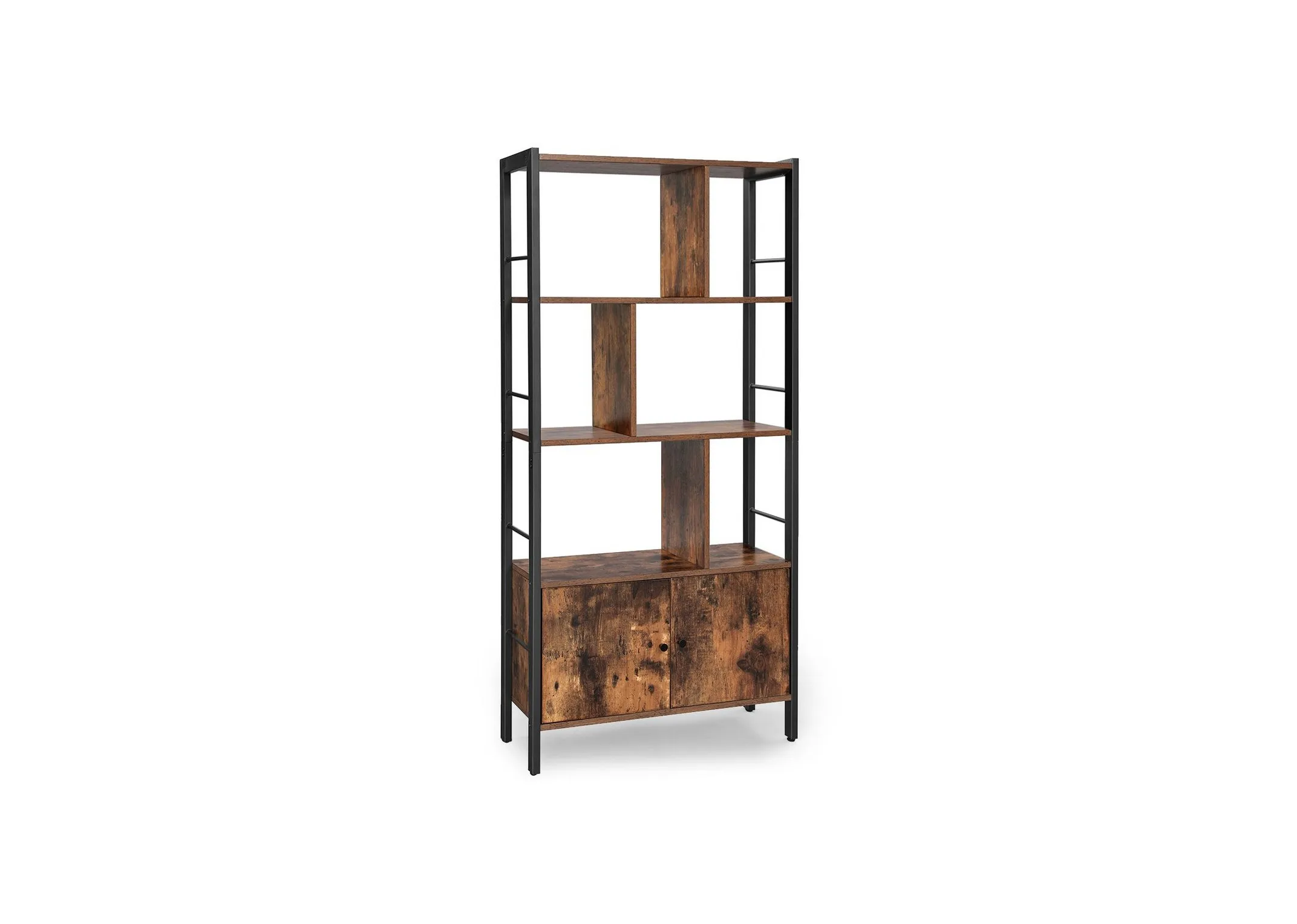 A metal framed display cabinet with 2 rustic wood cupboards and 3 shelves from EZ Livings Jools range. Angled view of ladder style frame