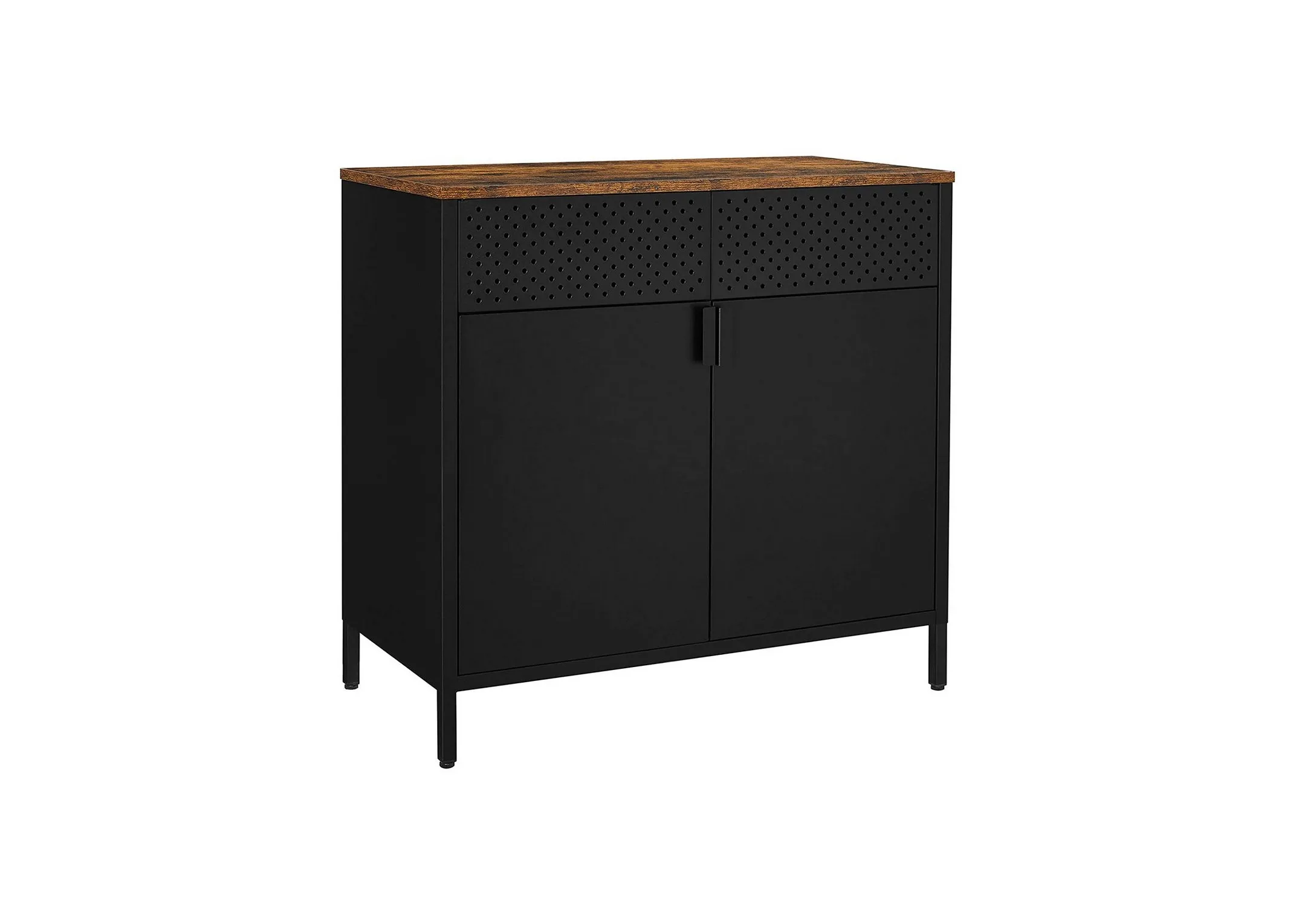 A 2 door black metal sideboard with wood top from EZ Livings Walter range. Angled view of rustic top and industrial style.