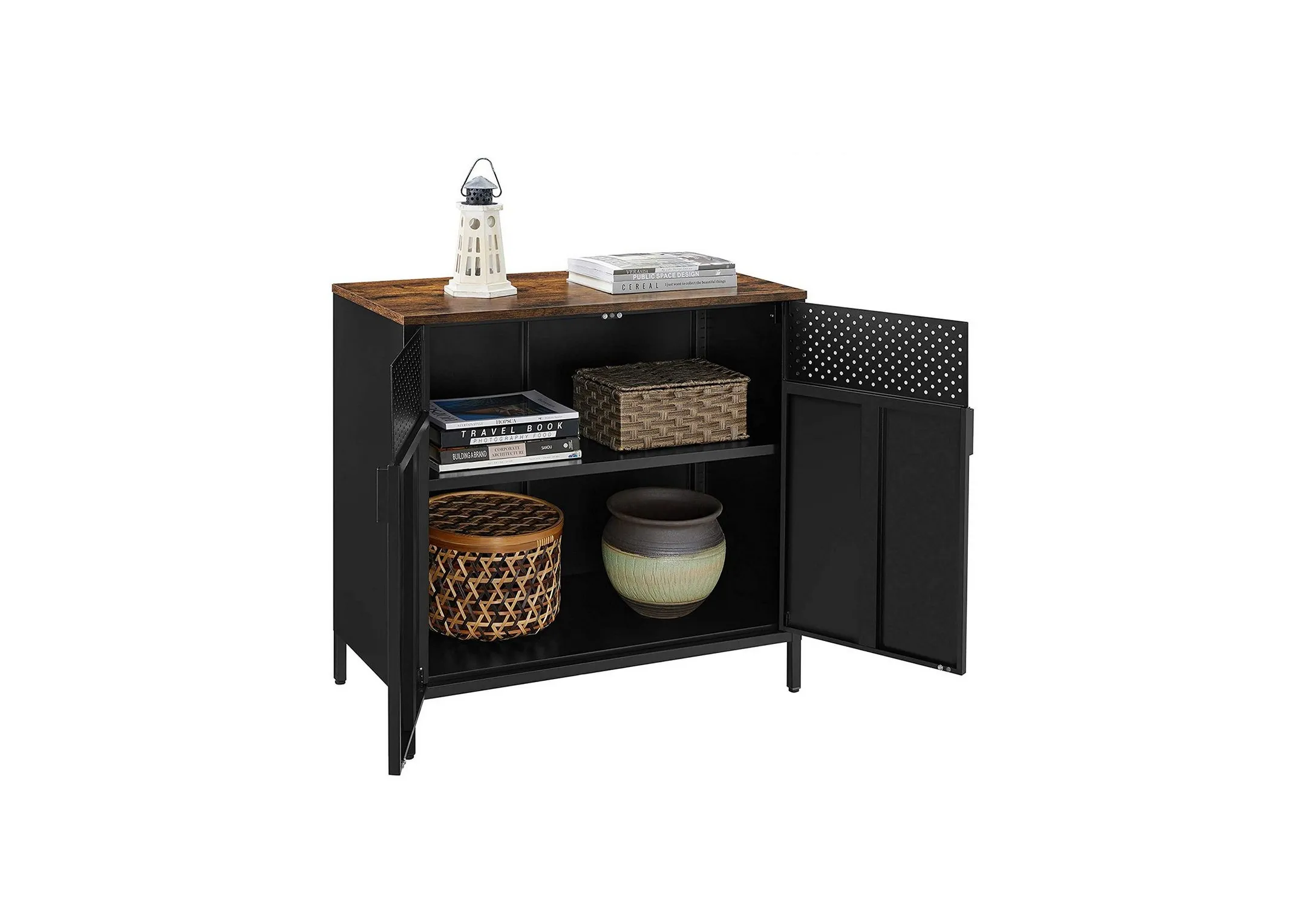 A 2 door black metal sideboard with wood top from EZ Livings Walter range. Angled view of doors open revealing storage space on shelevs for baskers and pots.