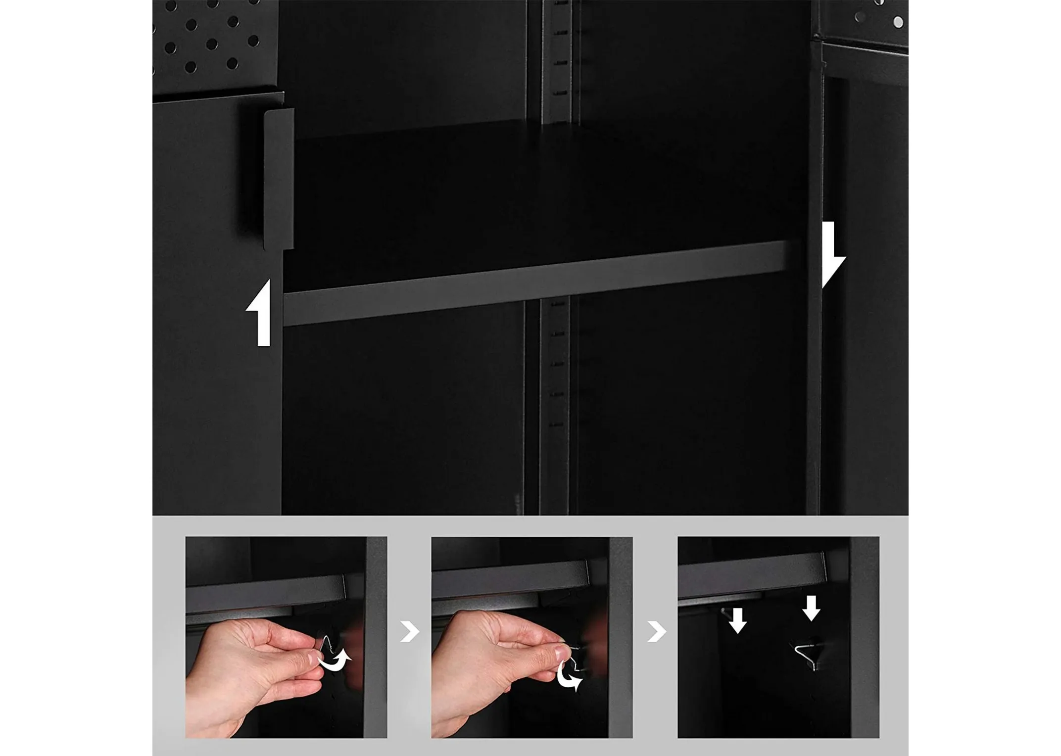 A 2 door black metal sideboard with wood top from EZ Livings Walter range. Closeup of adjustable shelves inside the sideboard