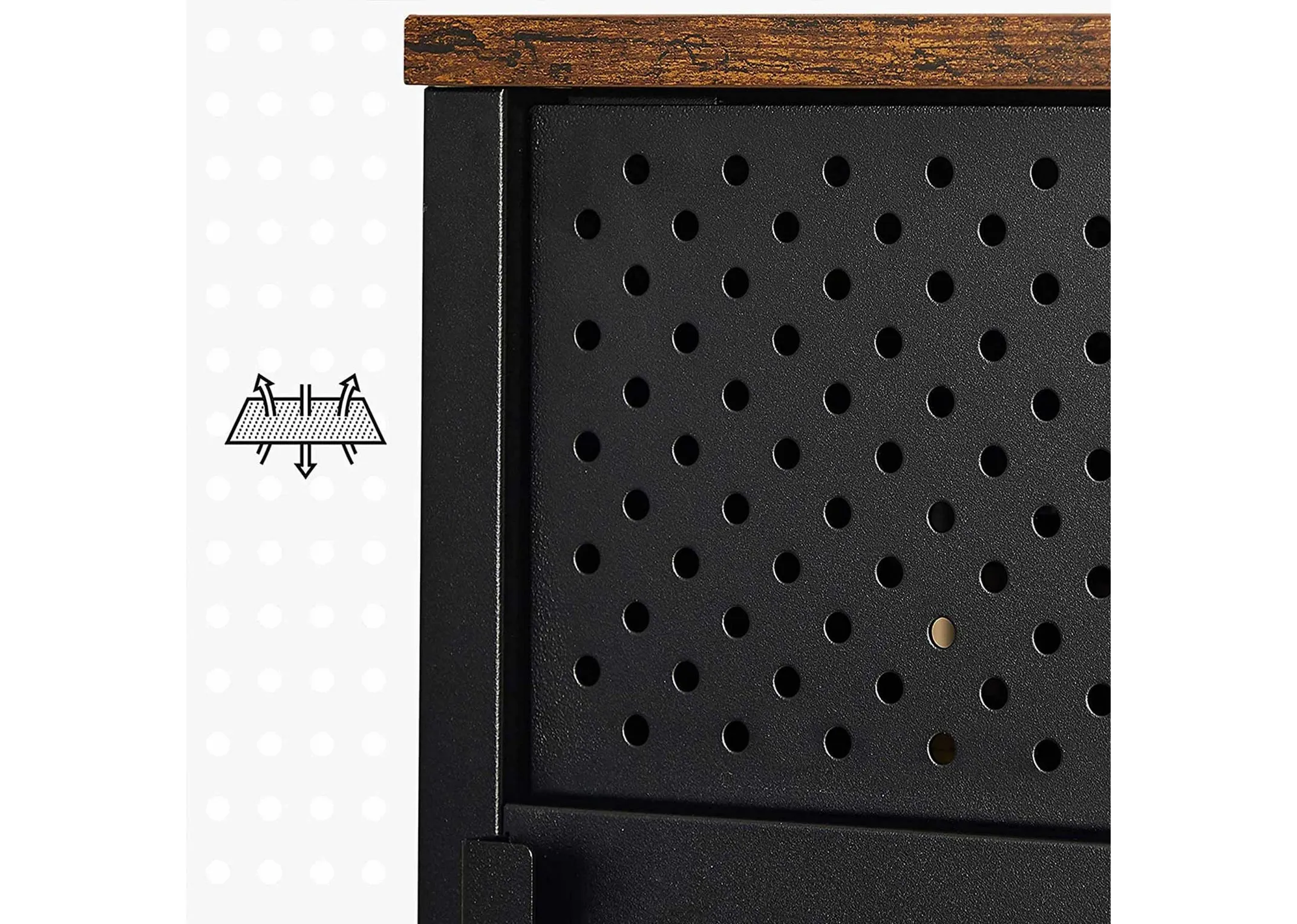 A 2 door black metal sideboard with wood top from EZ Livings Walter range. Closeup of aerating holes in metal