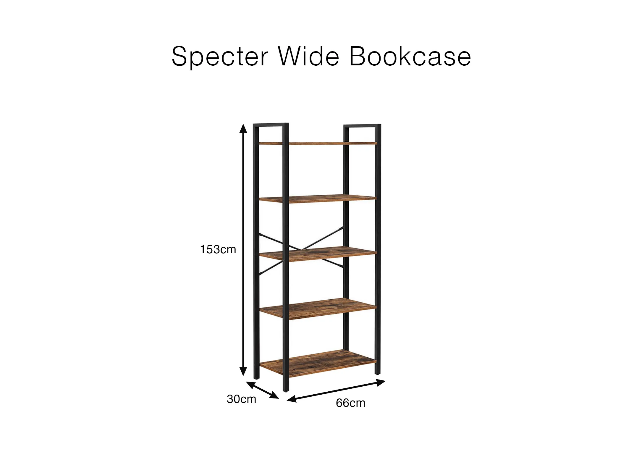 A dimension image of the Specter Bookcase with 153cm x 30cm x 66cm