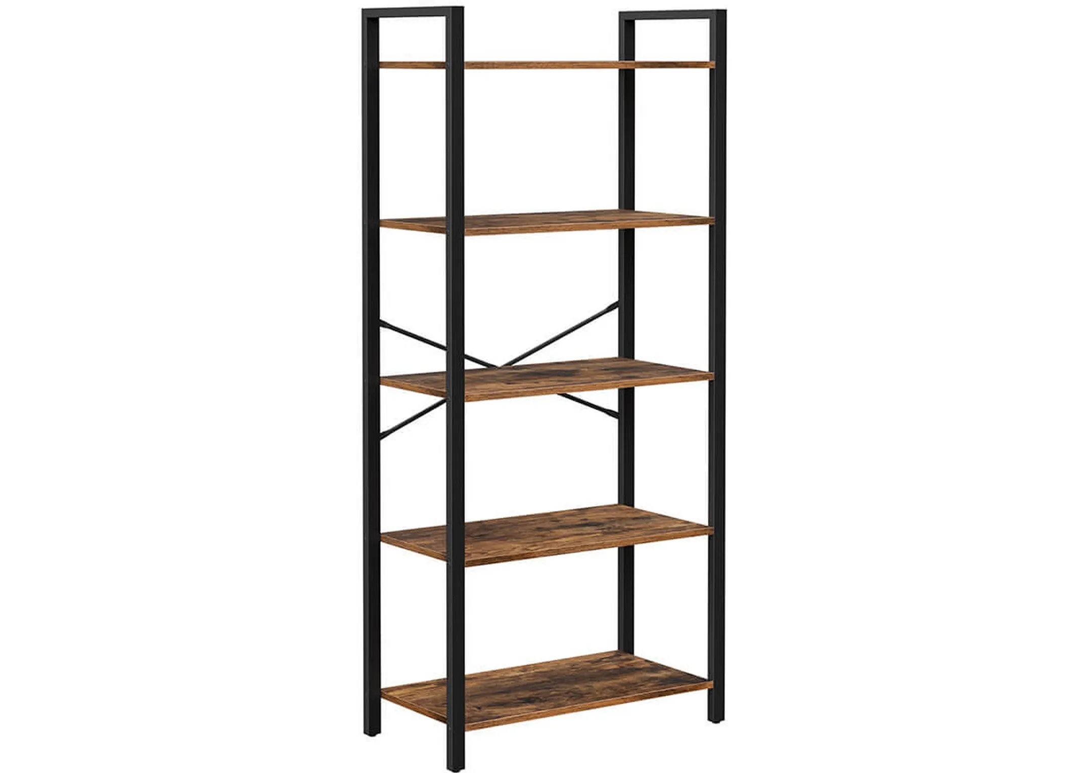 A metal ladder frame with 5 long rustic brown display shelves from EZ Livings Specter range. Angled view of supportice frame