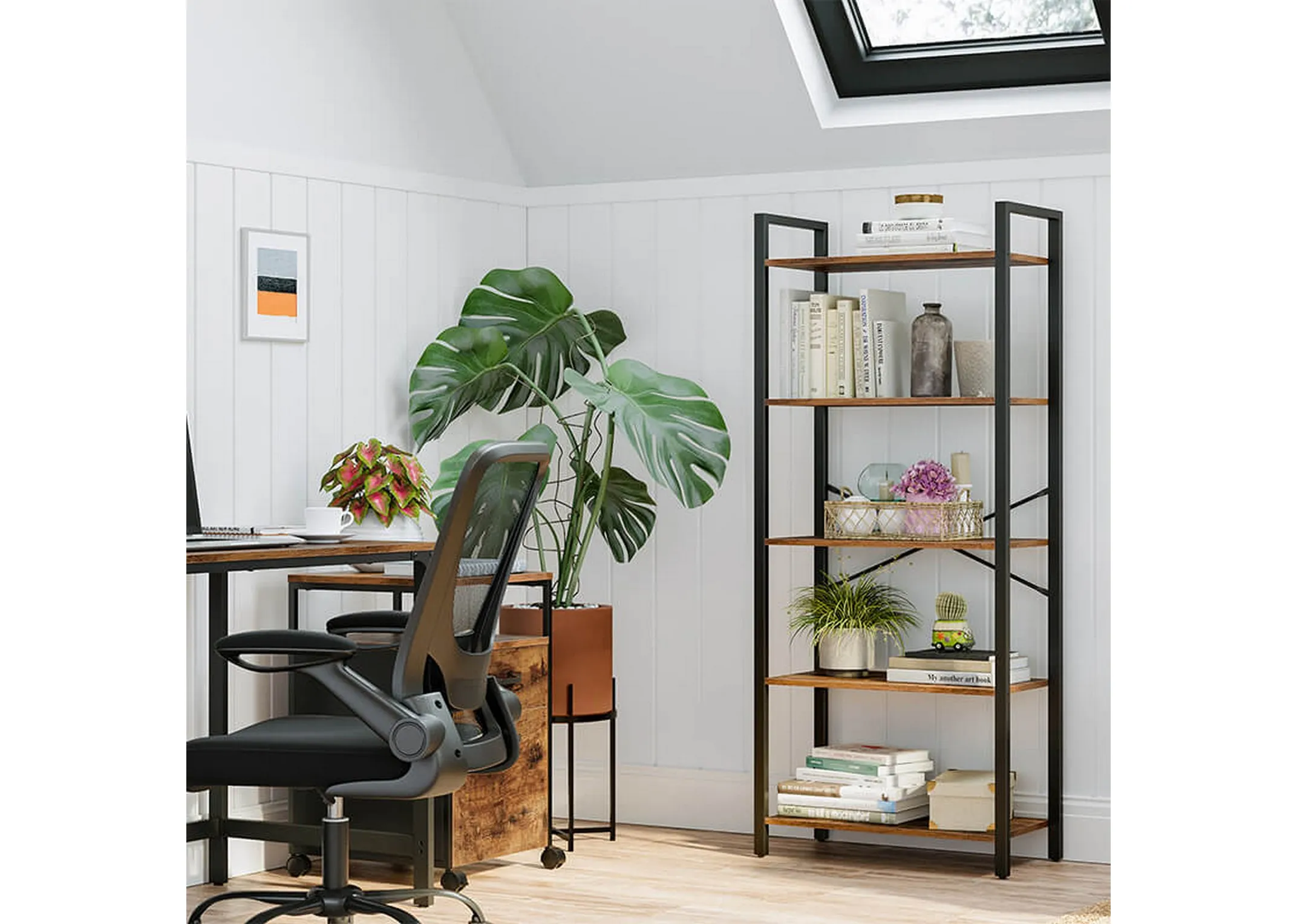 A lifestyle image of the Specter Bookcase within a home office with books and plants