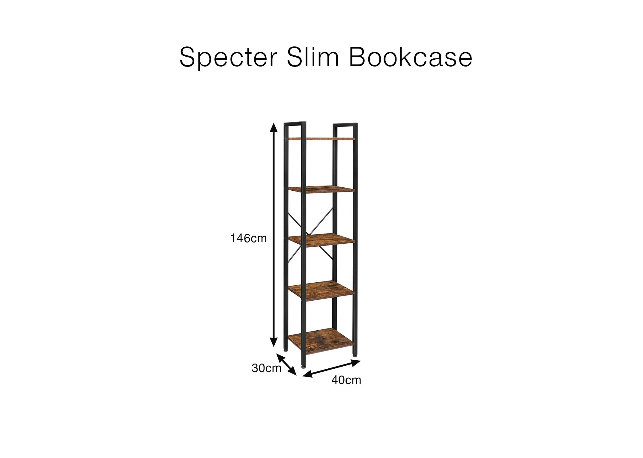 A dimension image of the Slick Slim Bookcase with 146cm x 40cm x 30cm