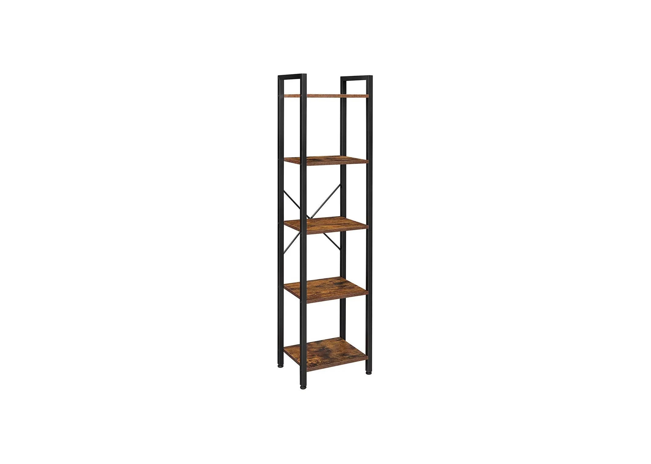 A metal display frame with 5 slim rustic display shelves from EZ Livings Specter range. Angled view of open display unit.