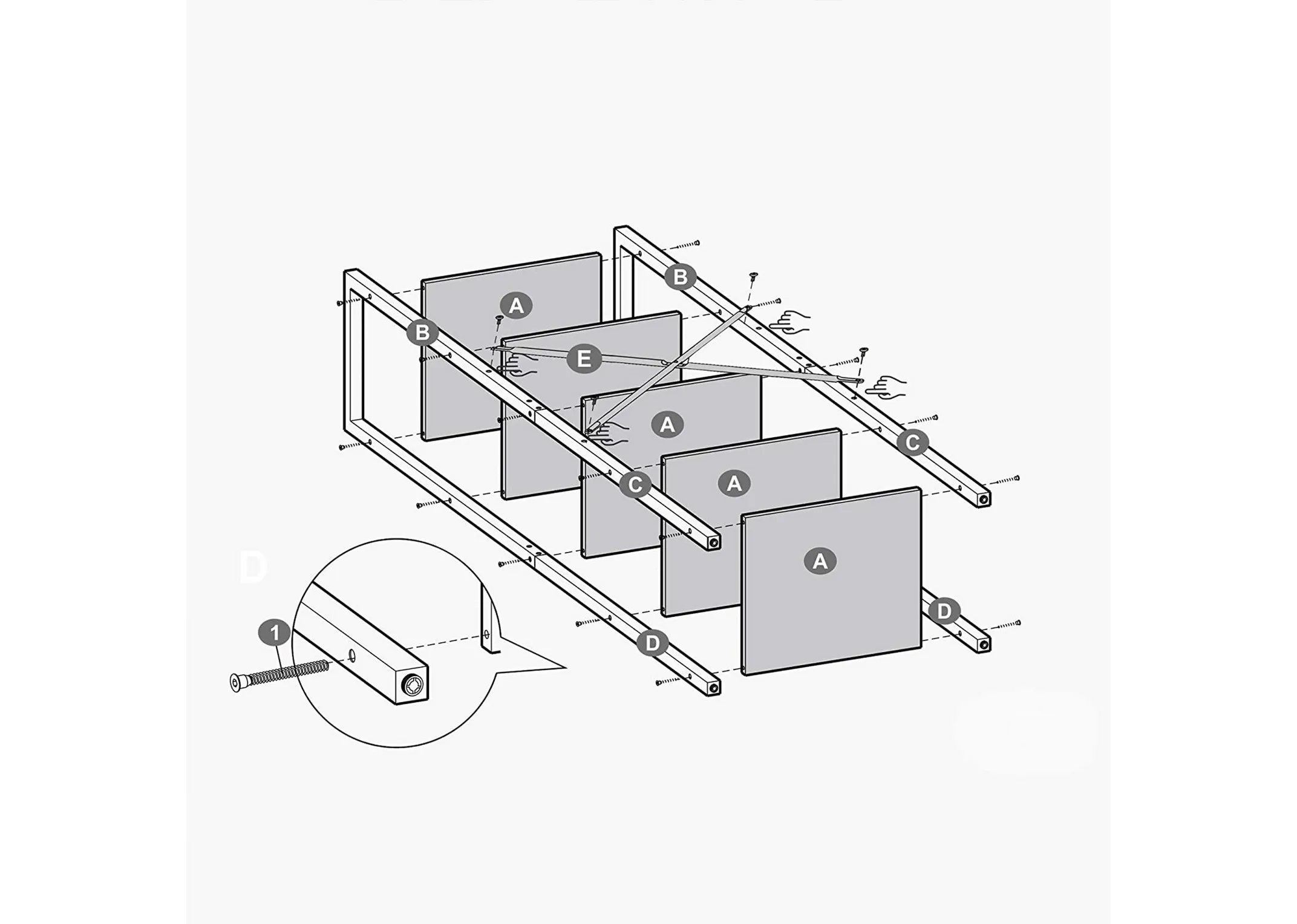 An assembly spec for the Specter slim bookcase showing frame and shelves