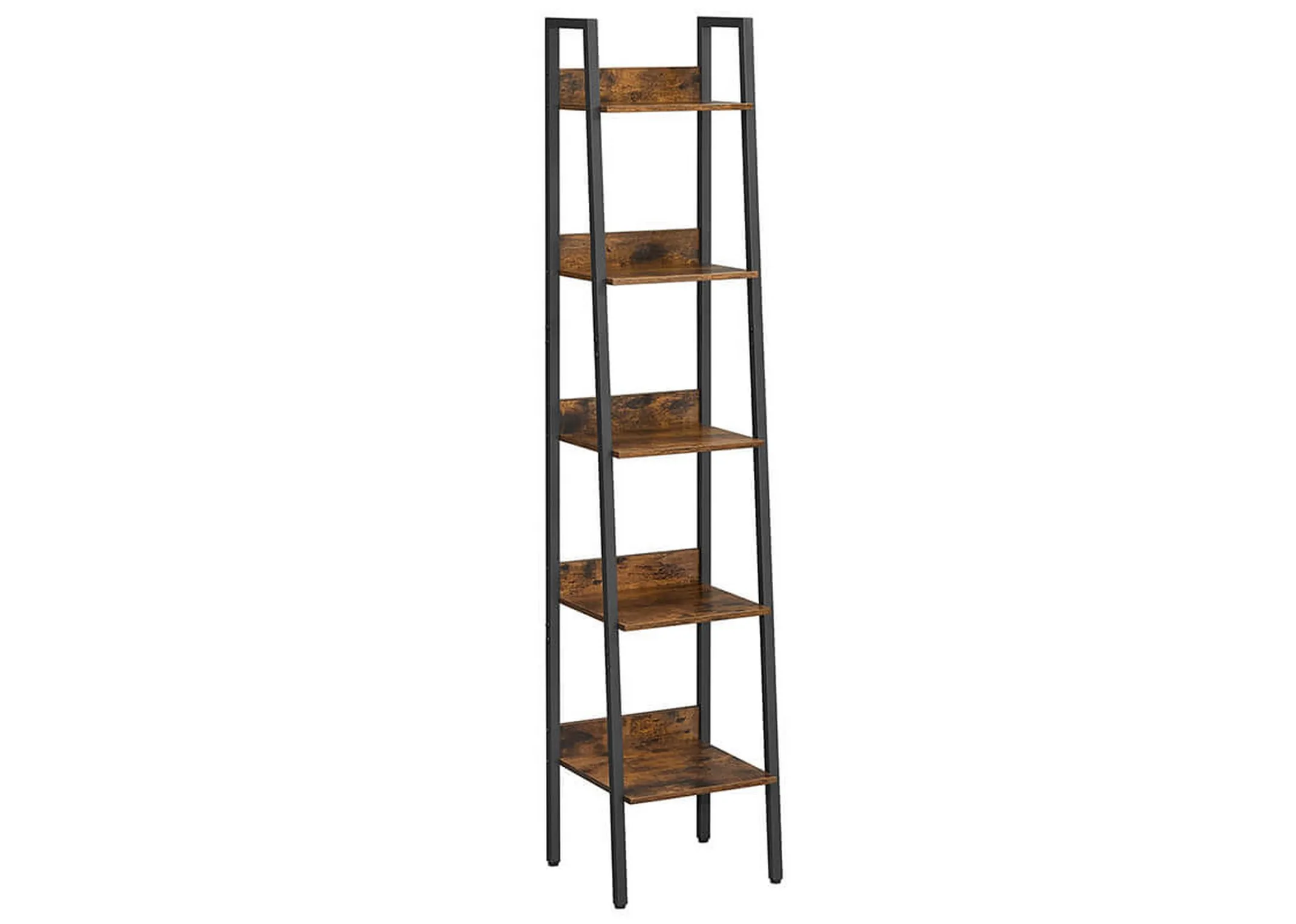 A metal ladder frame with 5 rustic brown shelves from EZ Livings Specter range. Angled view. 