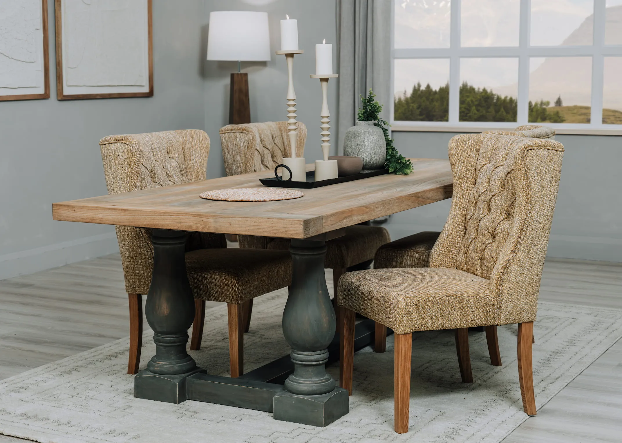 A lifestyle image of the Walstead dining table with Nizza rug and Tommy mustard fabric chairs .