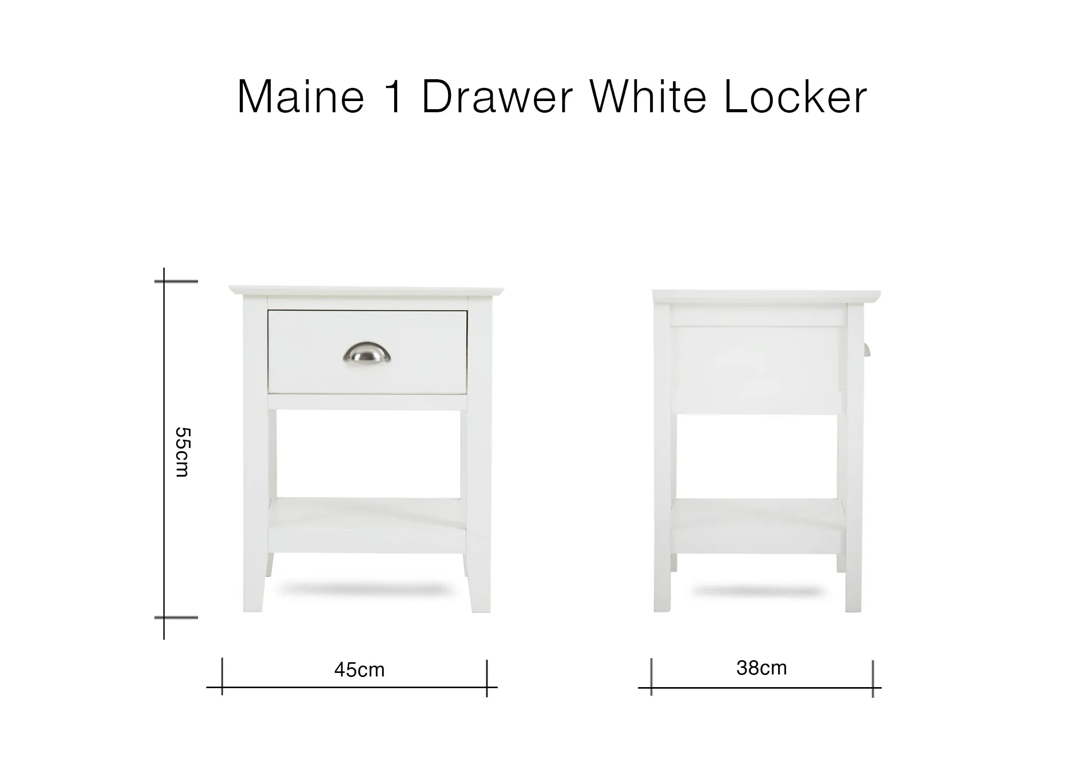 A lifestyle image of the Maine locker with husk table lamp and a clock.