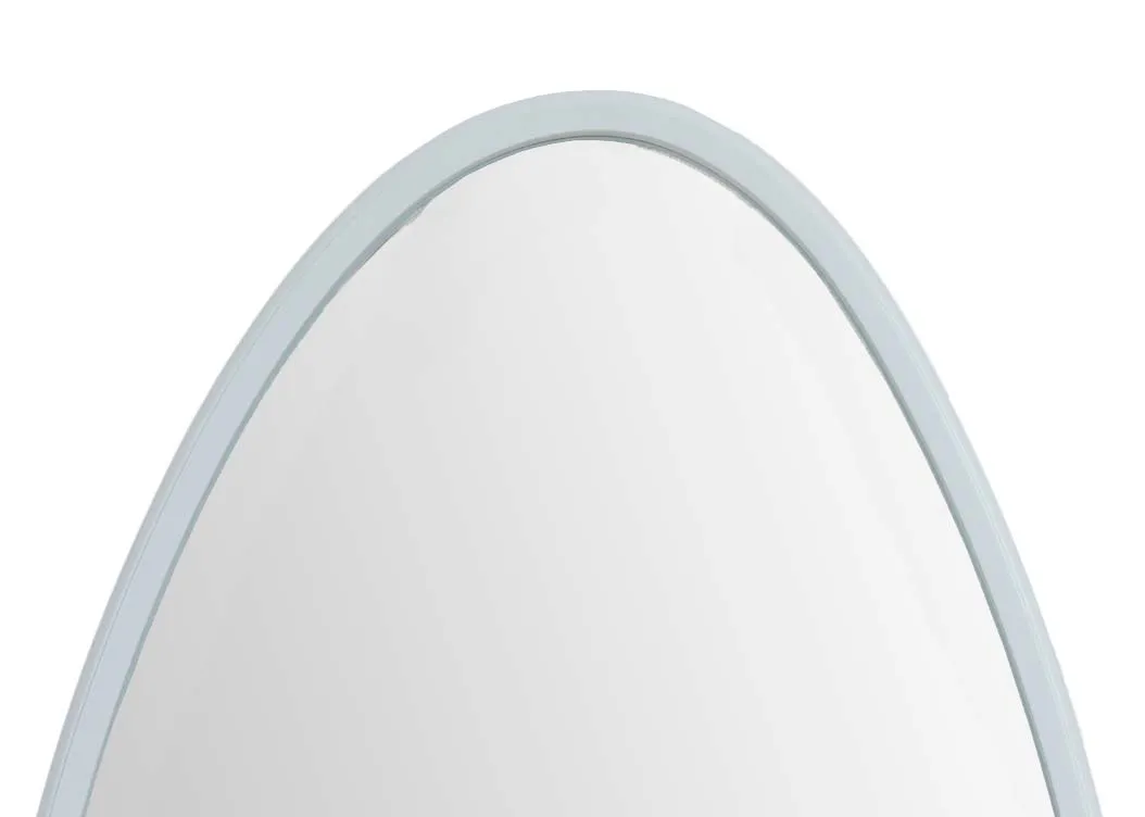 A white oblong shaped mirror from EZ Livings Violet range. Closeup of white frame.