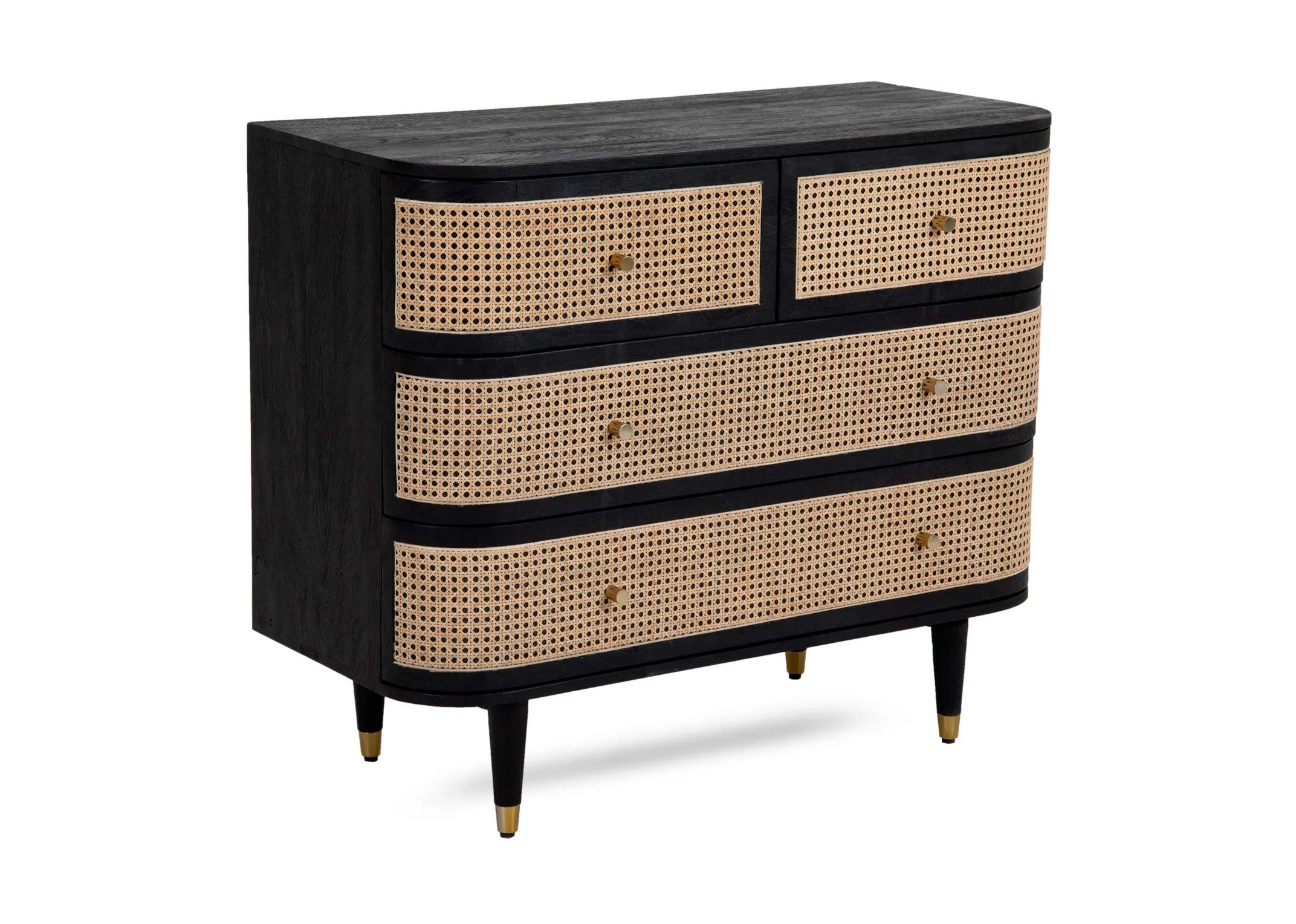 A black mango chest of 4 drawers with rattan weave fronts from EZ Livings Lenny range. Angled view.