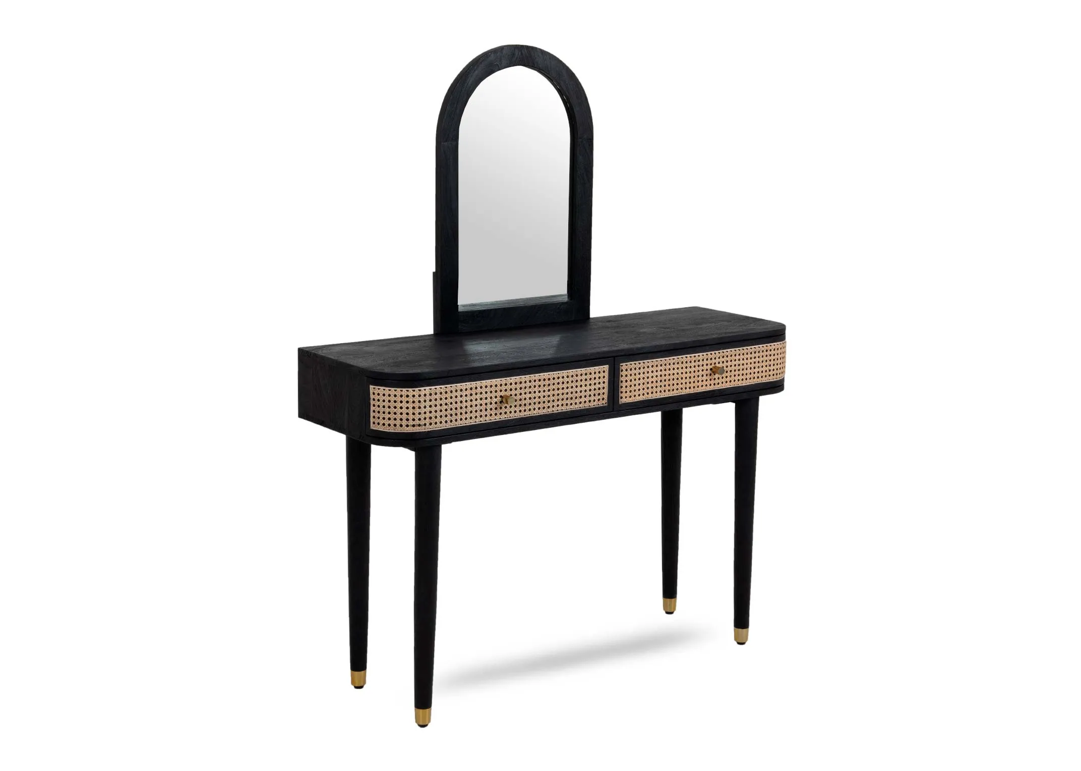 A black mango dressing table with 2 drawers & arch mirror from EZ Livings Lenny range. Angled view.