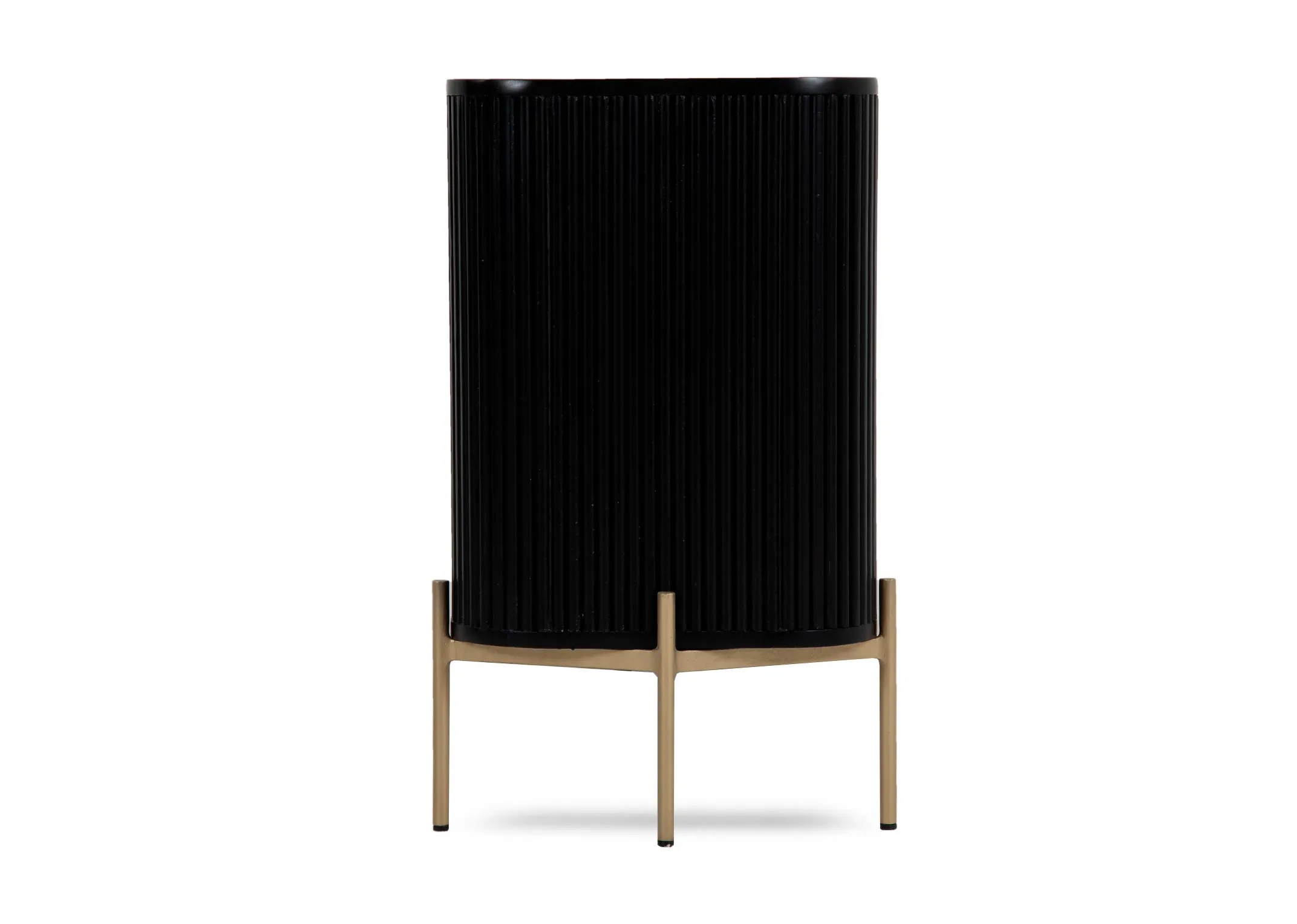 A 2 door black mango sideboard from EZ Livings Rego range. Side view of gold feet and frame.