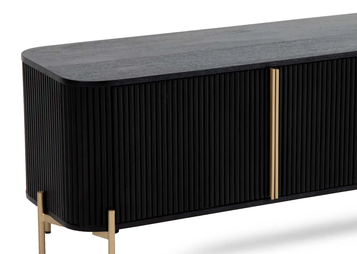 A black mango 2 door tv unit from EZ Living Furnitures Rego range. Closeup of panelling finish.