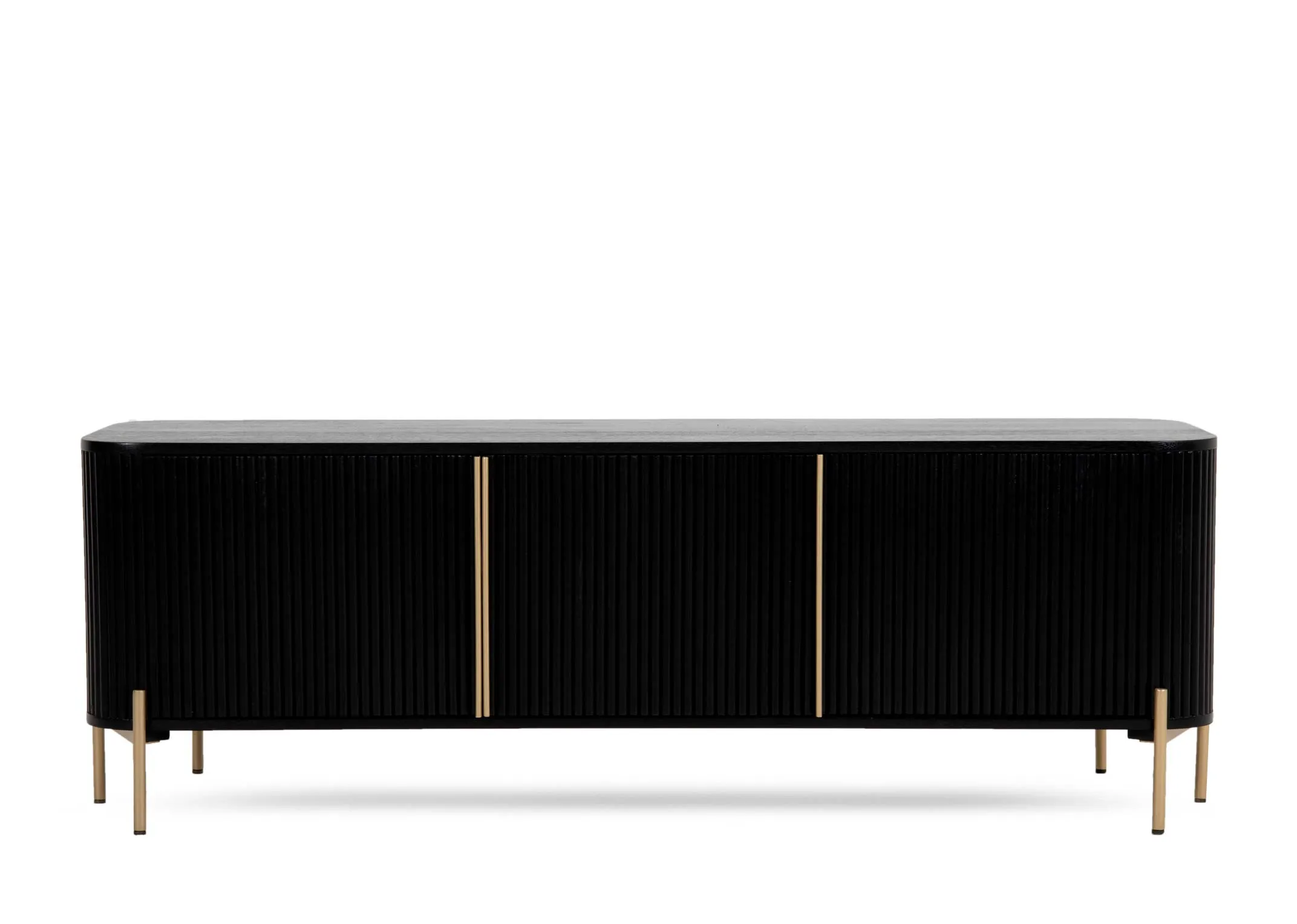 A black mango 2 door tv unit from EZ Living Furnitures Rego range. Front view of door closed with gold trim.