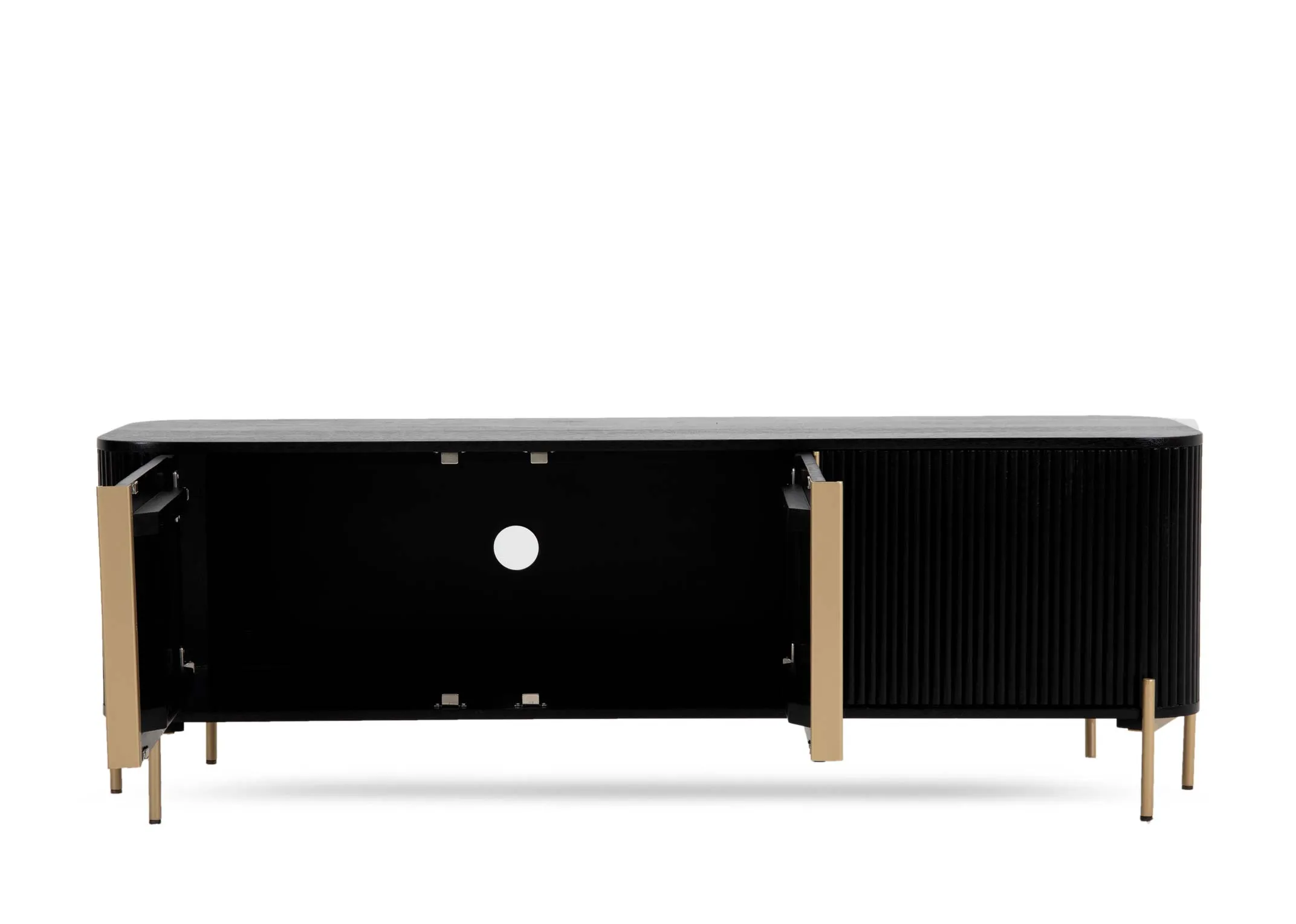 A black mango 2 door tv unit from EZ Living Furnitures Rego range. Front view of space inside with doors open.
