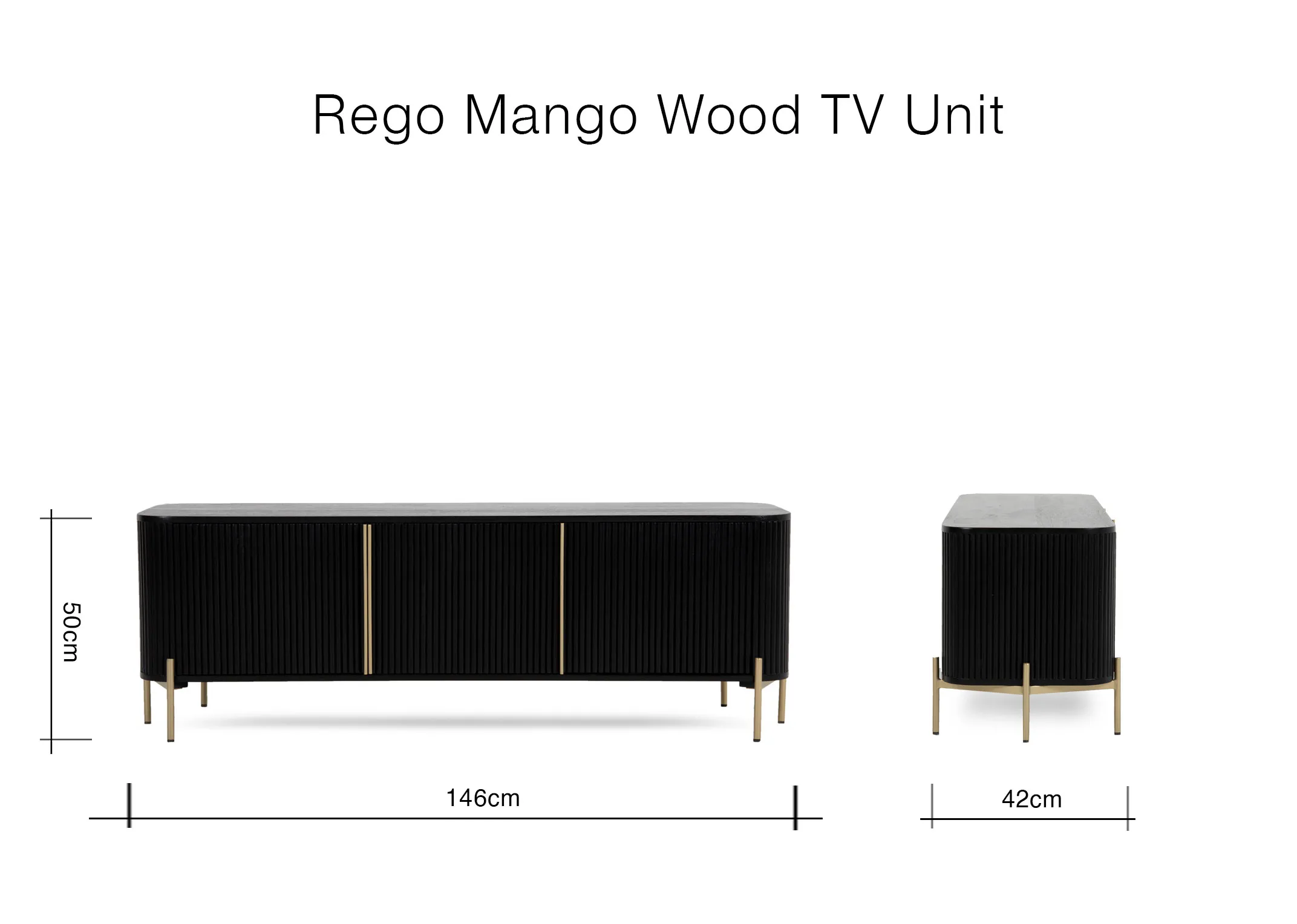 A dimension image of the Rego Mango TV Unit with 148cm x 42cm x 50cm