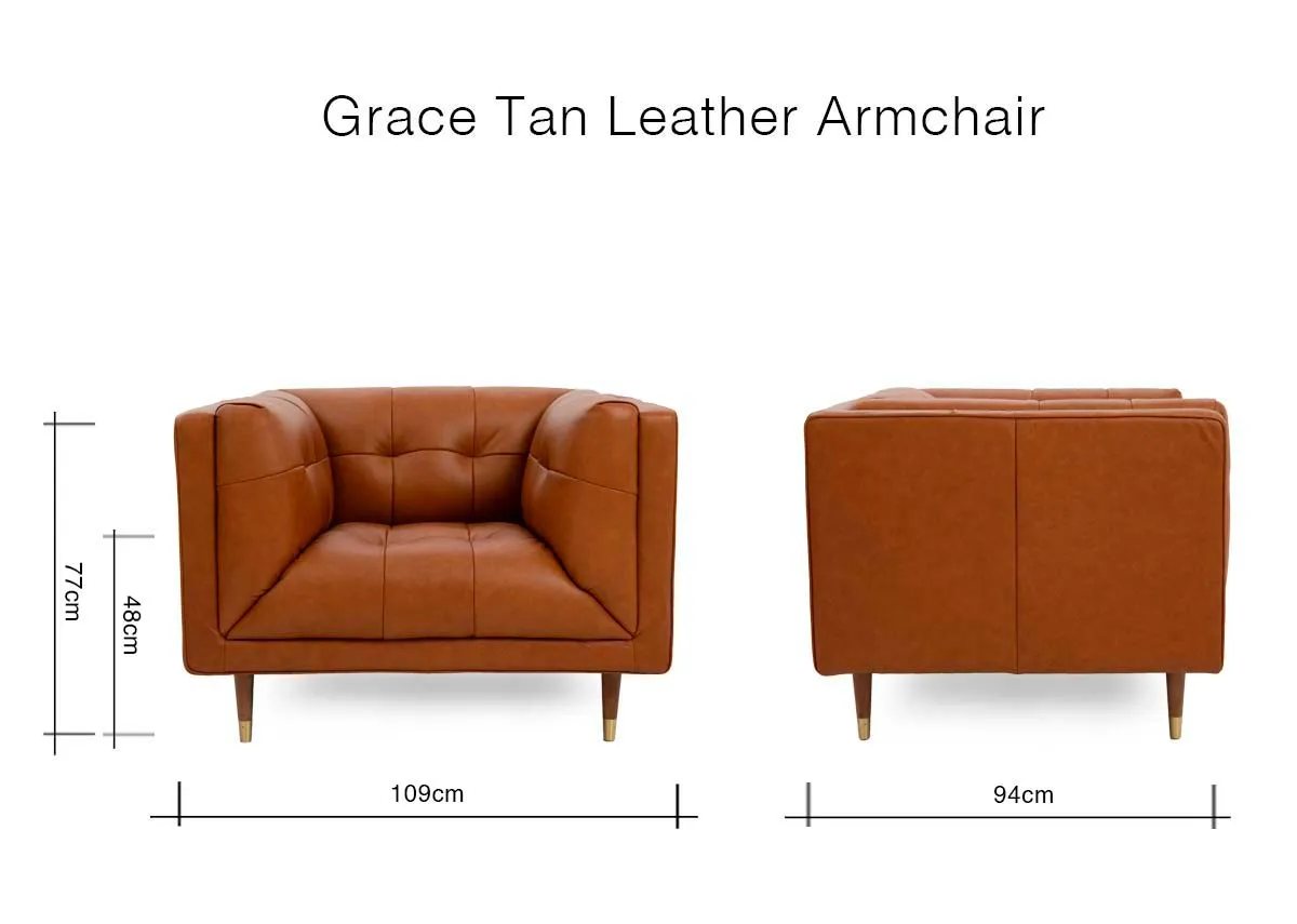 A dimension image of the Grace Tan Armchair with 109cm x 94cm x 77cm
