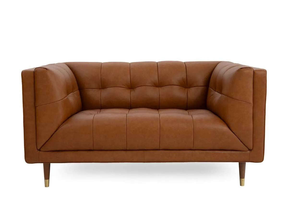 A dimension image of the Grace Tan Leather 2 Seater sofa with 150cm x 94cm x 77cm