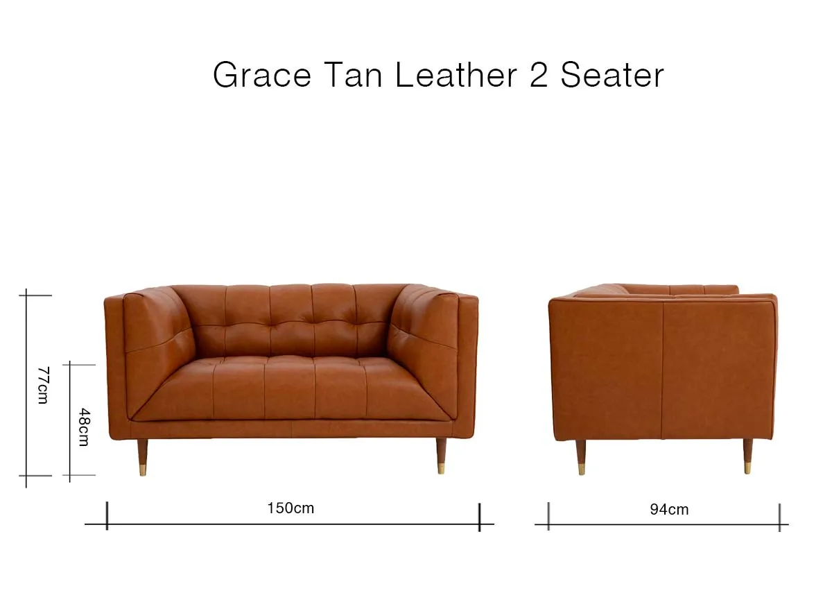 A dimension image of the Grace Tan Leather 2 Seater sofa with 150cm x 94cm x 77cm