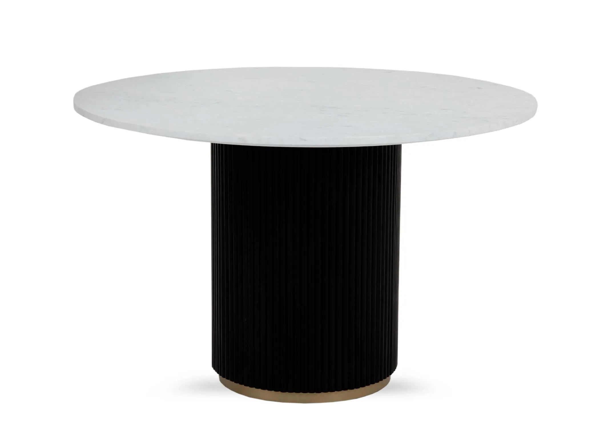 A white marble round dining table with black marble base from EZ Livings Rego range. Angled view pf marble round top.