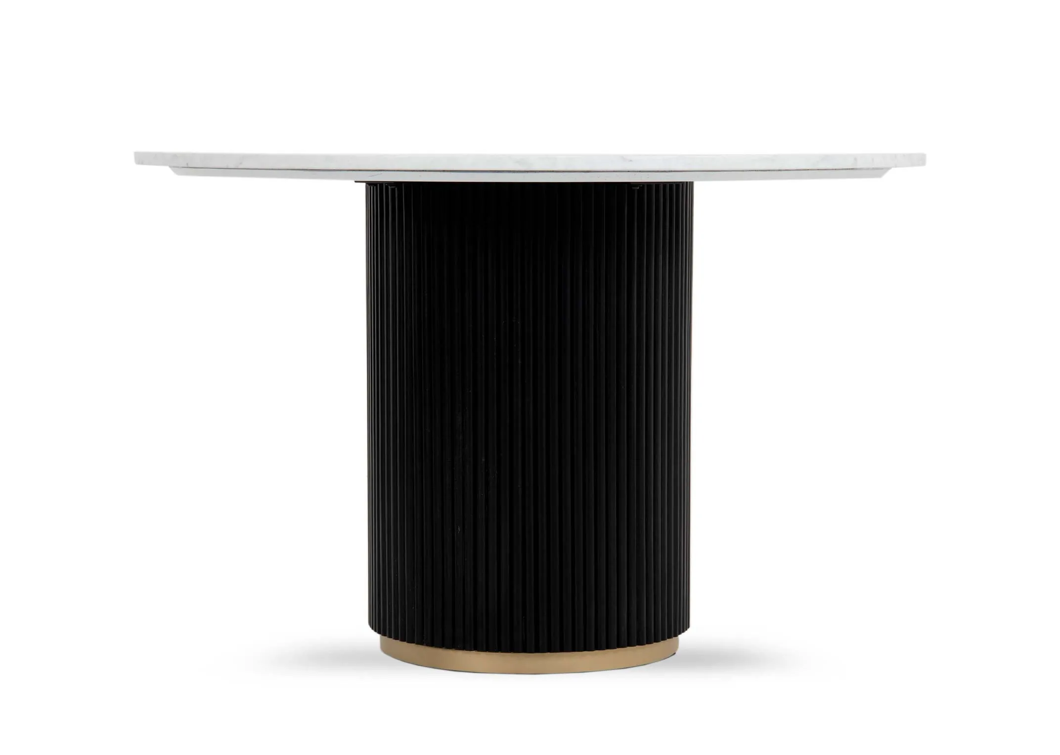 A white marble round dining table with black marble base from EZ Livings Rego range. Front view of black slatted chunky base