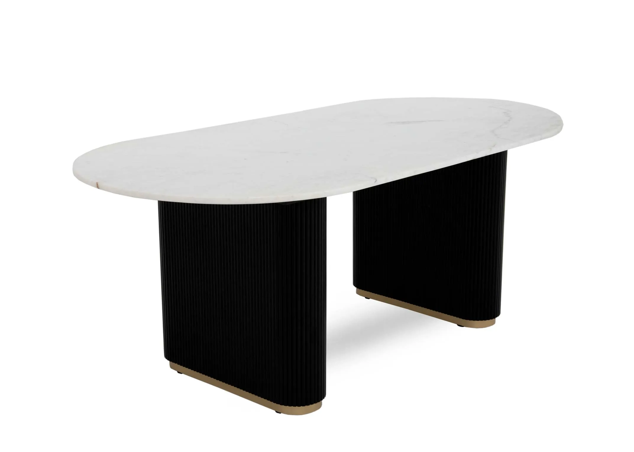 An oval white marble dining table top with black mango wide legs from EZ Livings Rego range. Angled veiw of gold metal trim on leg ends.