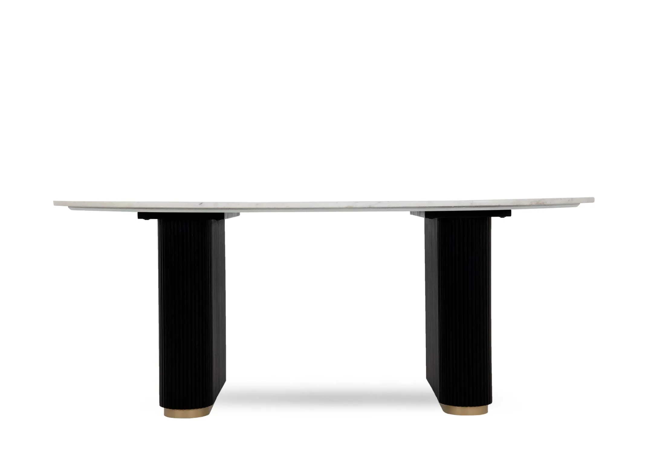 An oval white marble dining table top with black mango wide legs from EZ Livings Rego range. Front veiw of slatted finish on legs.