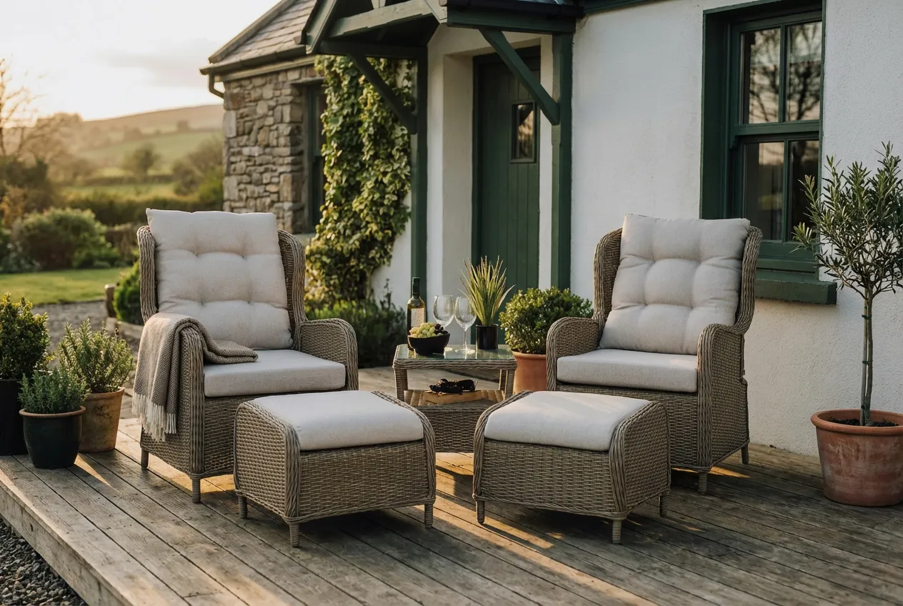 2 Recliners & Ottoman Wicker Set with Table - Laurel