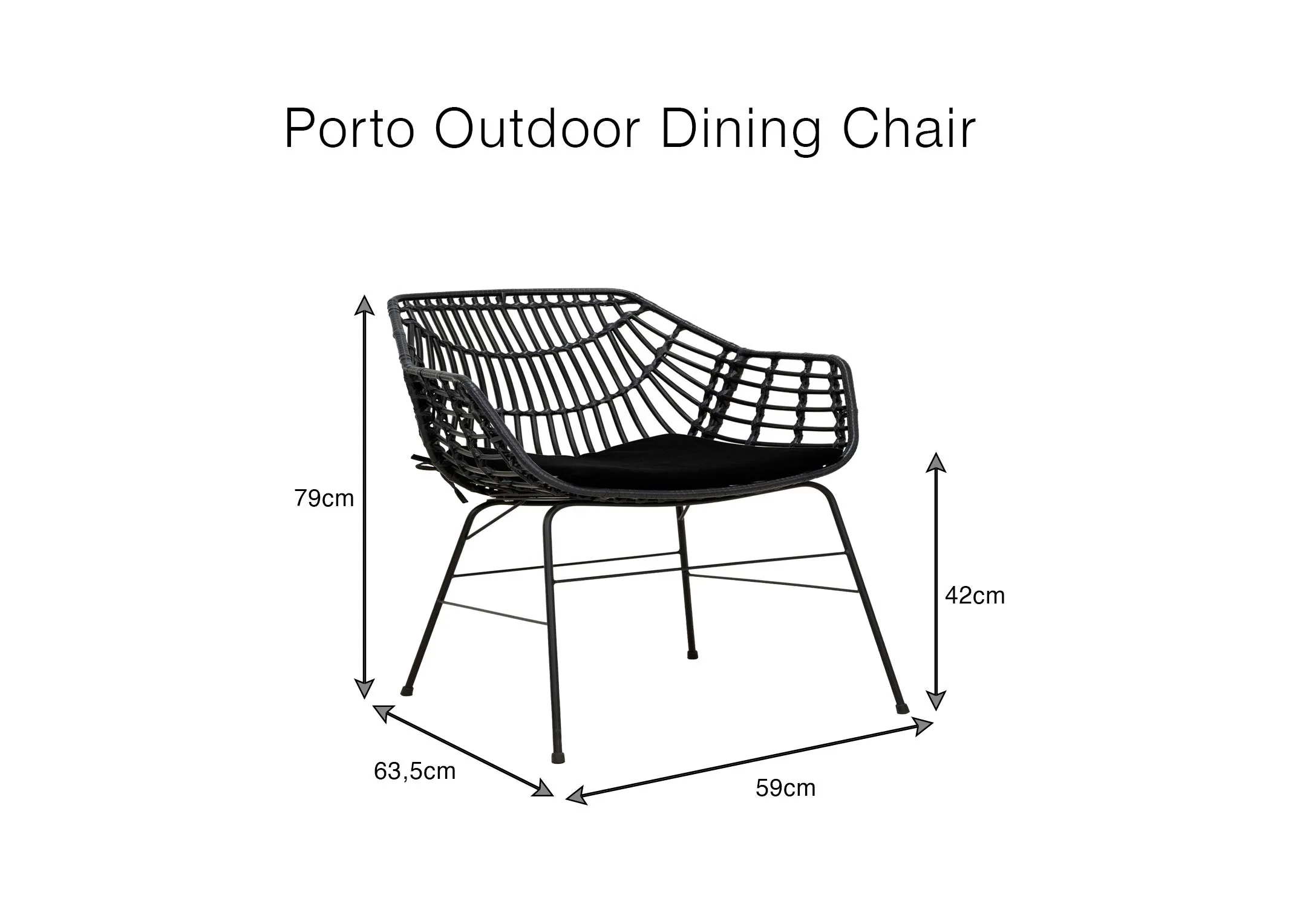 A dimension image of the Porto Dining Chair with 59cm x 63.5cm x 79cm