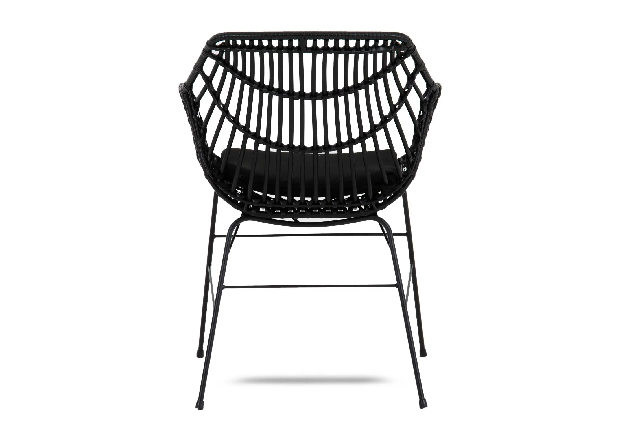 A black wicker dining chair from EZ Livings Porto range. Angled view of supportive black metal legs and frame.Back view