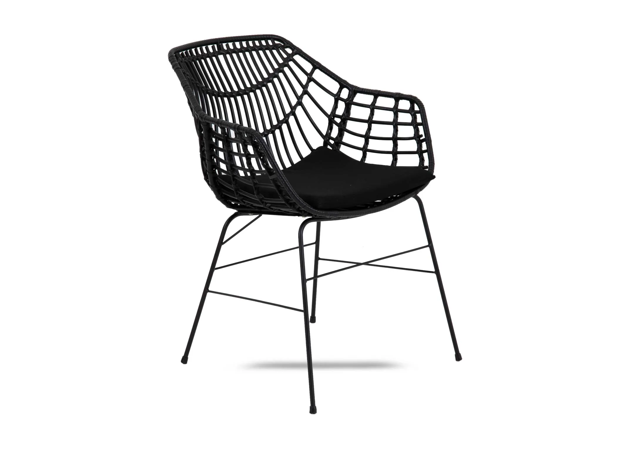A black wicker dining chair from EZ Livings Porto range. Angled view of supportive black metal legs and frame.
