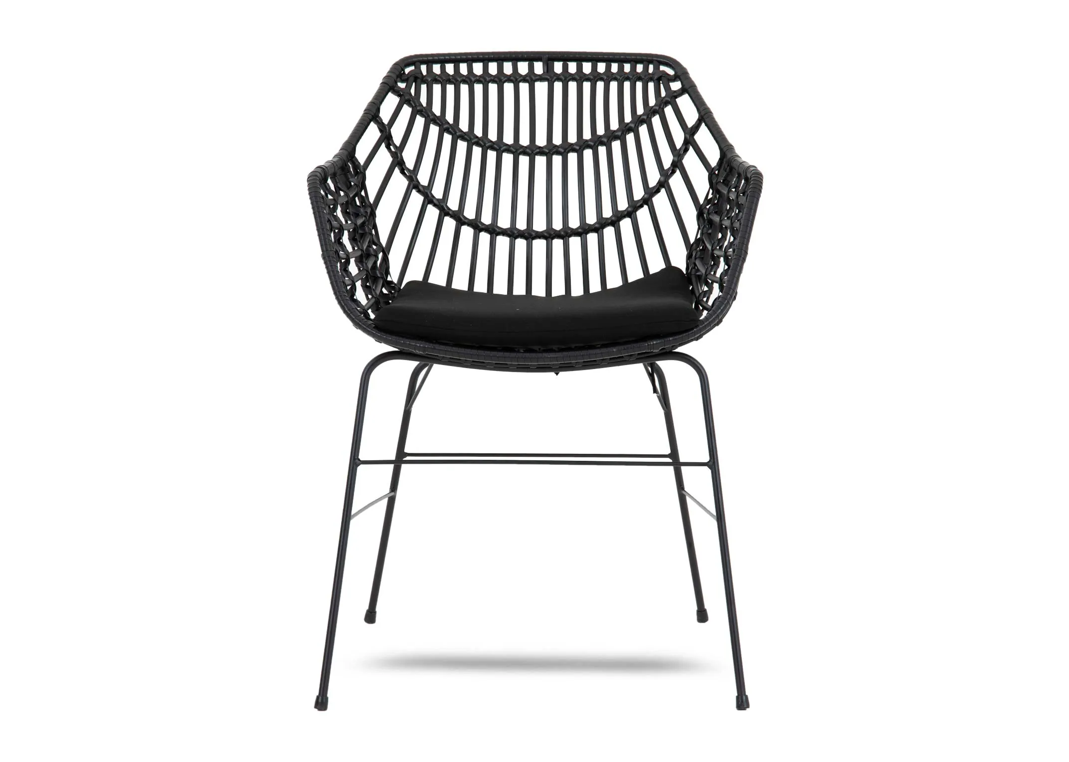 A black wicker dining chair from EZ Livings Porto range. Front view of padded seat cushion removeable.