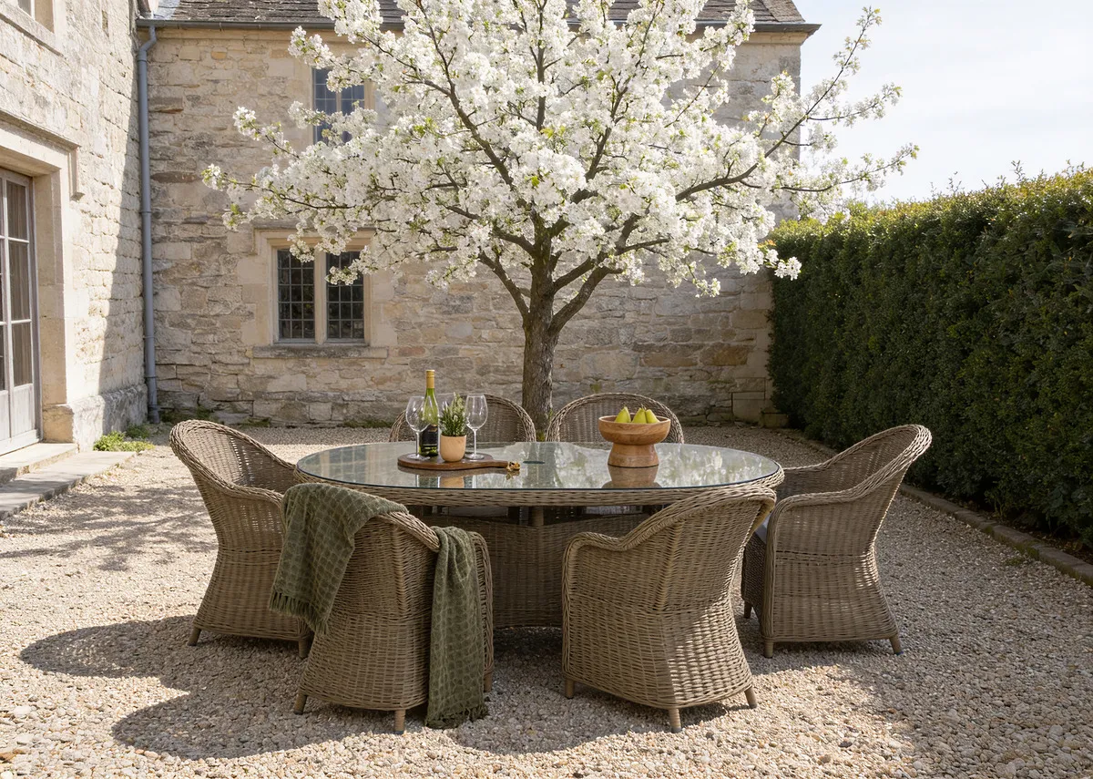 A lifestyle image of the Seville oval table and round back chairs with cherry blossom tree