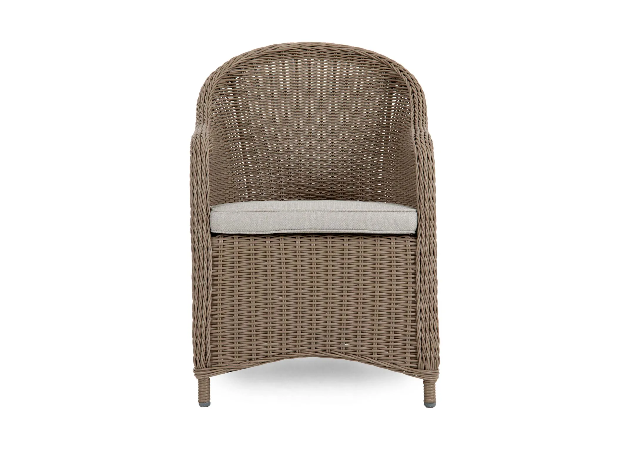 A round back rattan garden chair from EZ Livings Seville range. Front view of rattan covered front and round back.