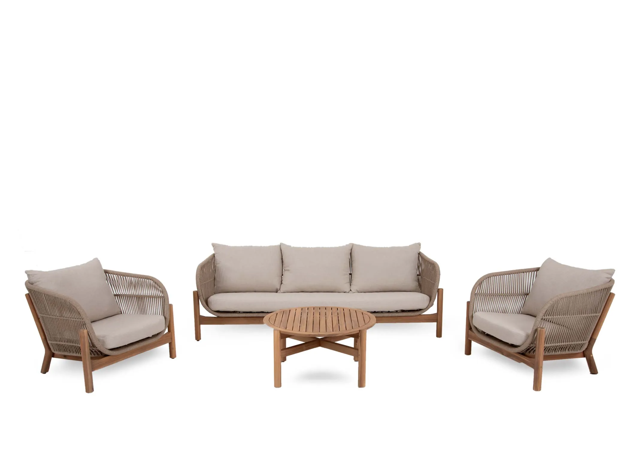 A garden set with a 3 seater sofa 2 armchairs and an acacia coffee table from EZ Livings La Palma range. Angled view
