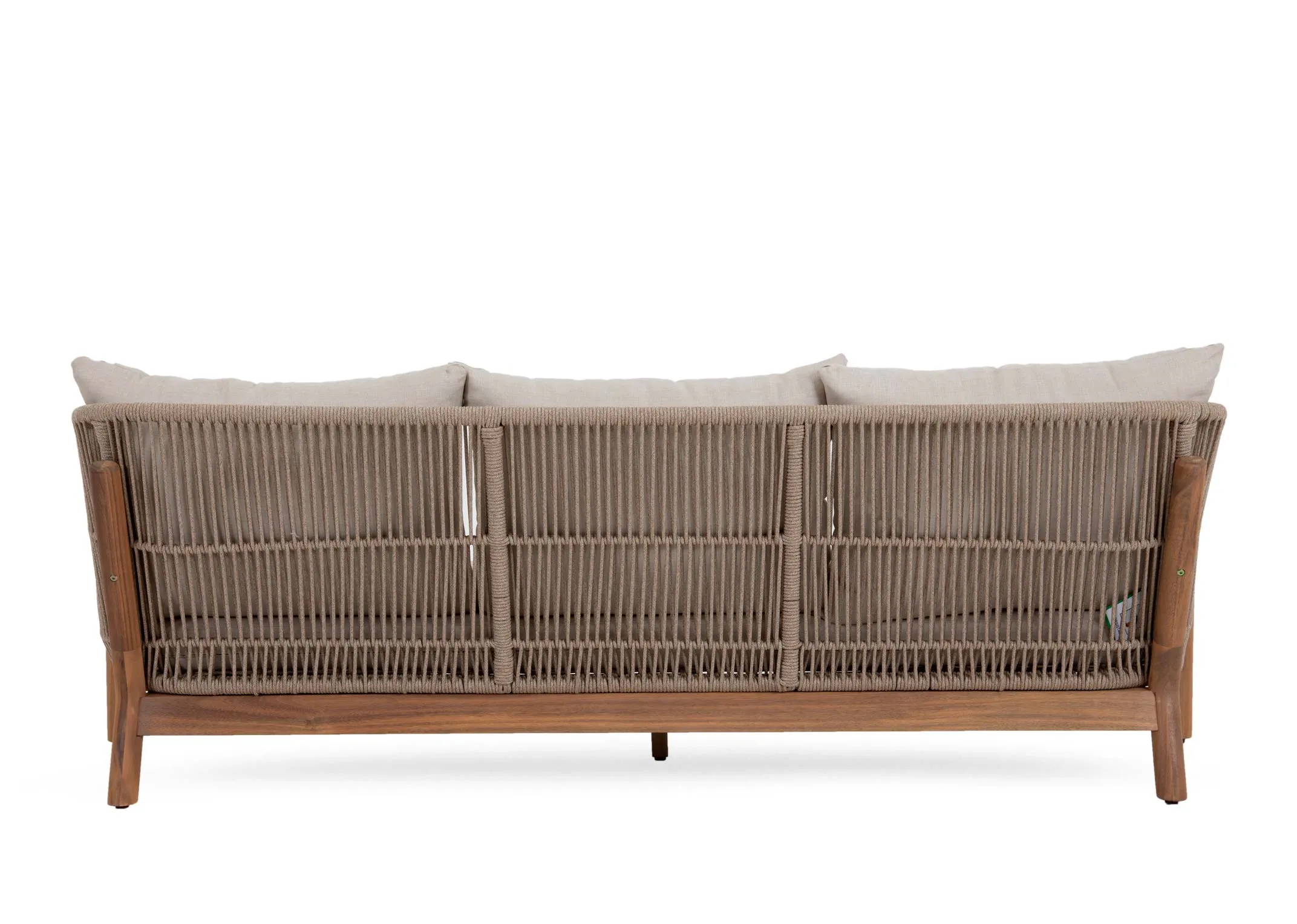 A garden set with a 3 seater sofa with acacia wood frame from EZ Livings La Palma range. Back view of wicker style supportive frame.