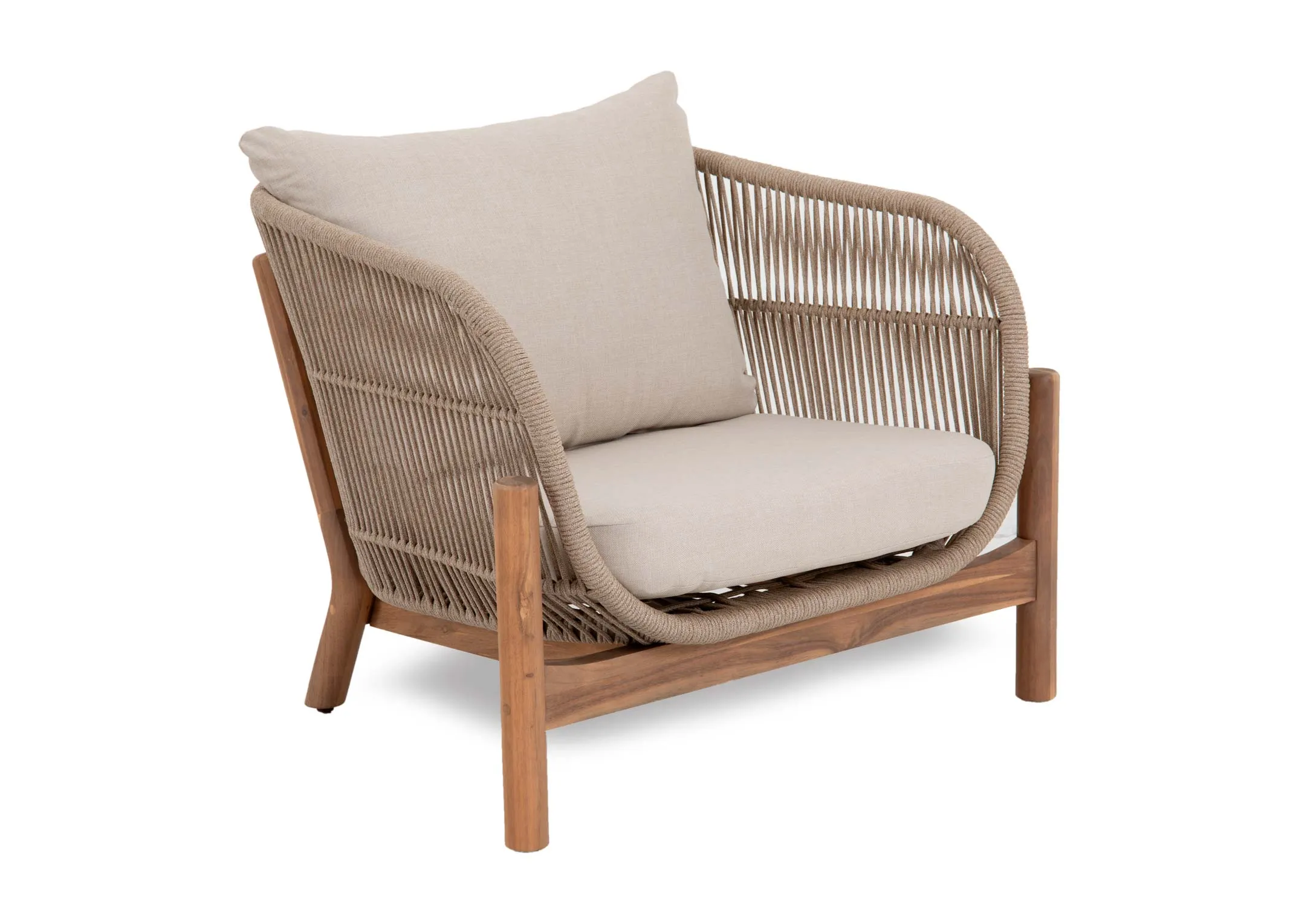 A garden set with an armchair with acacia wood frame from EZ Livings La Palma range. Angled view of curved sides.