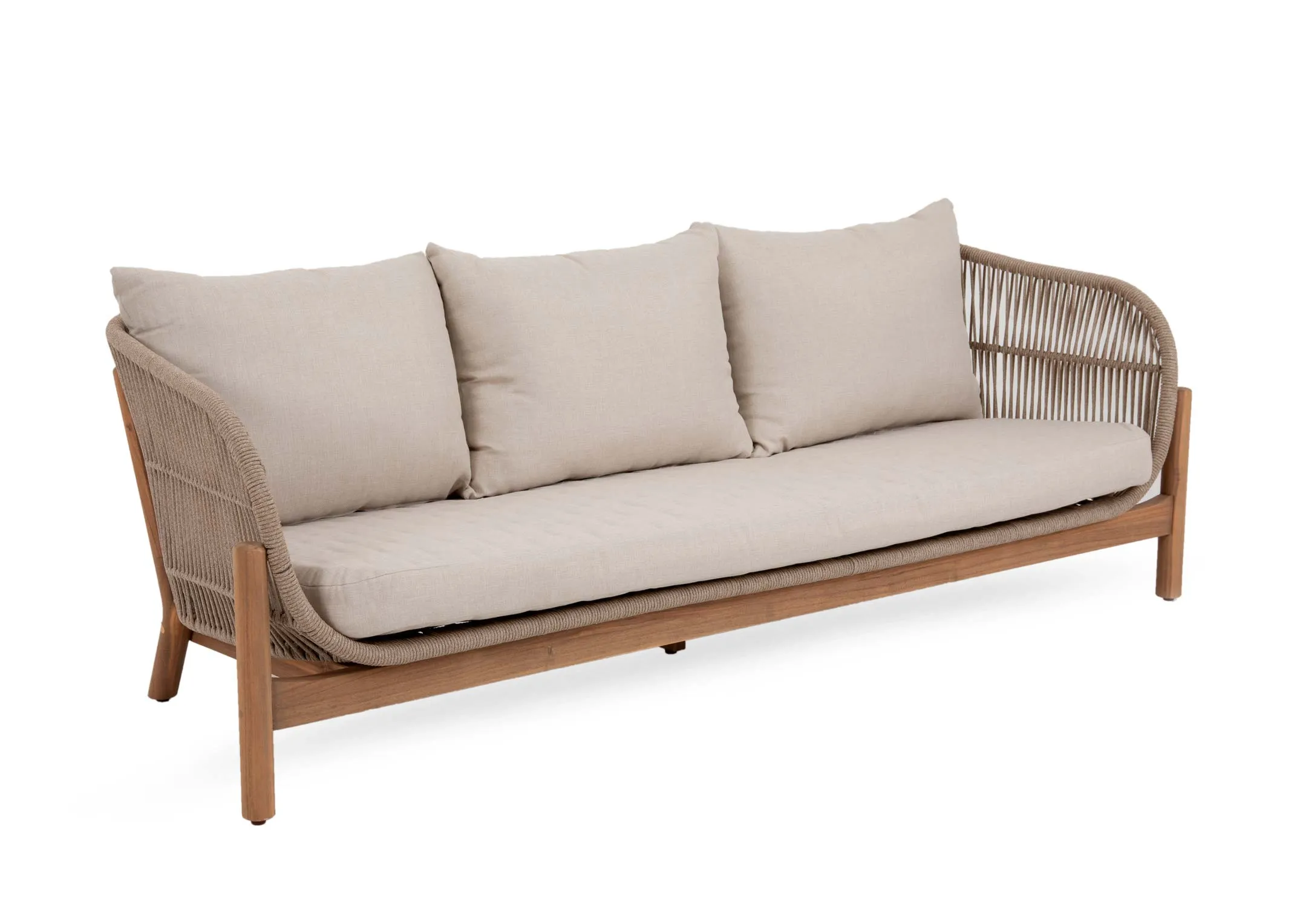 A garden set with a 3 seater sofa with acacia wood frame from EZ Livings La Palma range. Angled view of cream seat and back cushions.