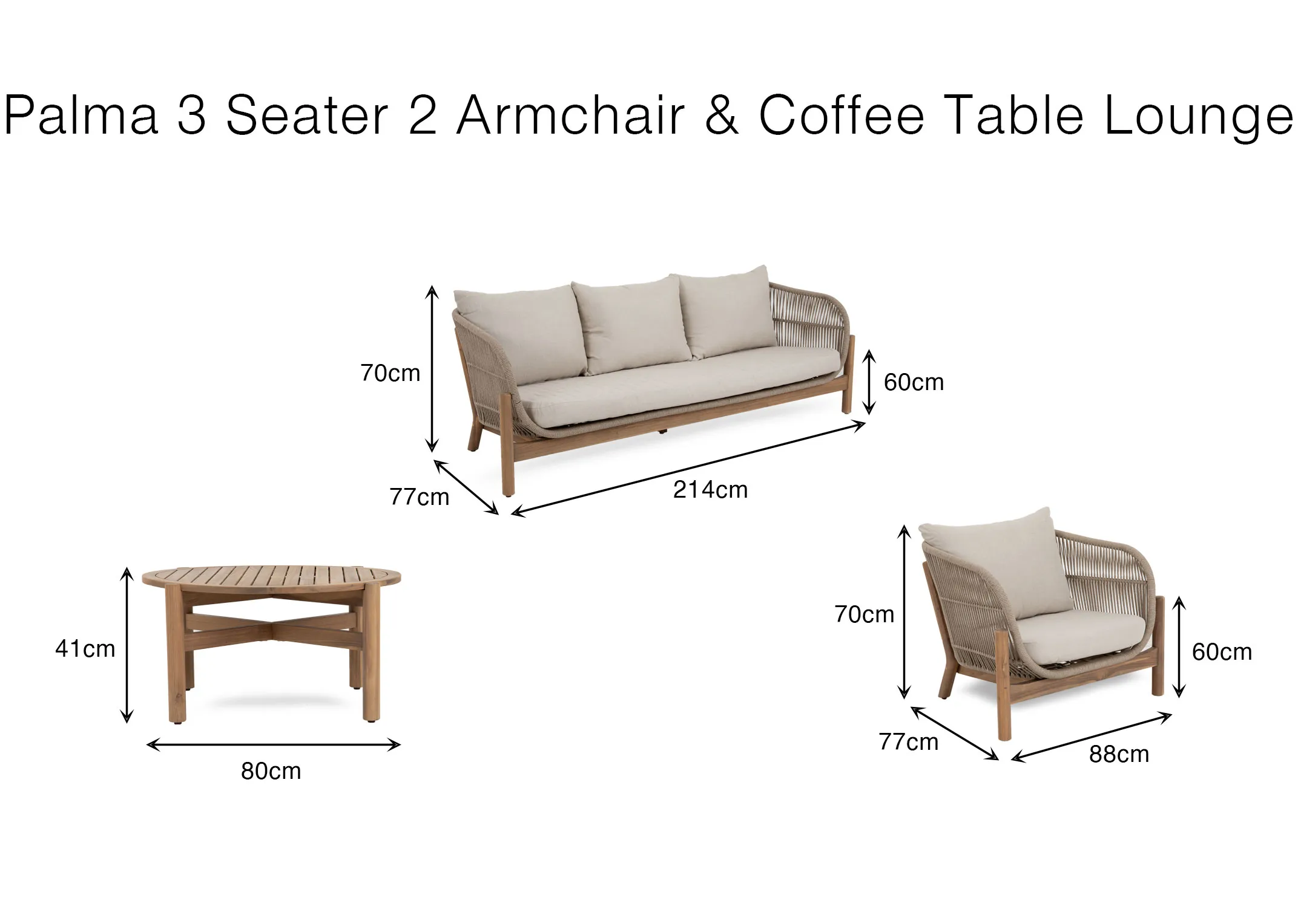 A dimension image of the La Palma Sofa Set with 214cm x 70cm x 80cm x 41cm