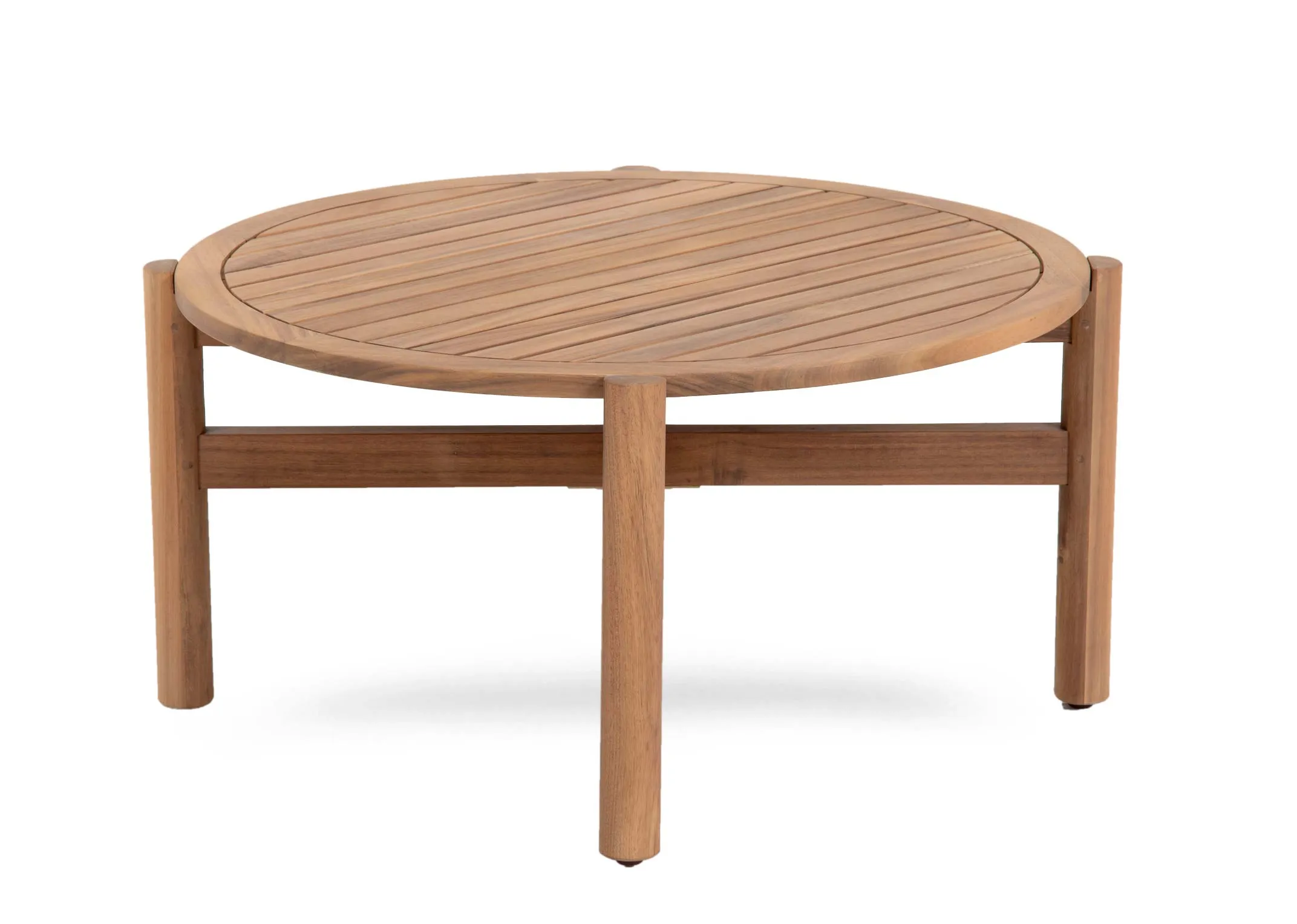 A garden set with a round coffee table with acacia wood frame and panel top from EZ Livings La Palma range. Angled view
