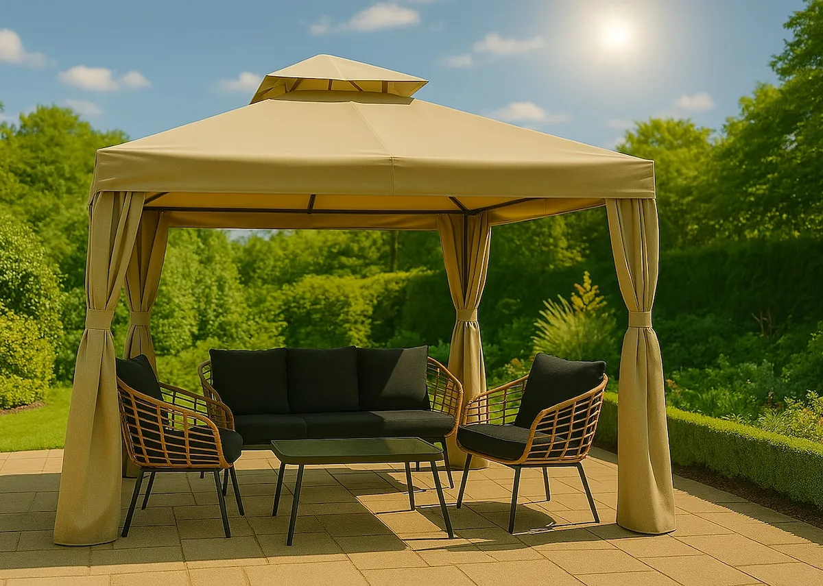 A lifestyle image of the Alhambra gazebo with a Tangier garden set.