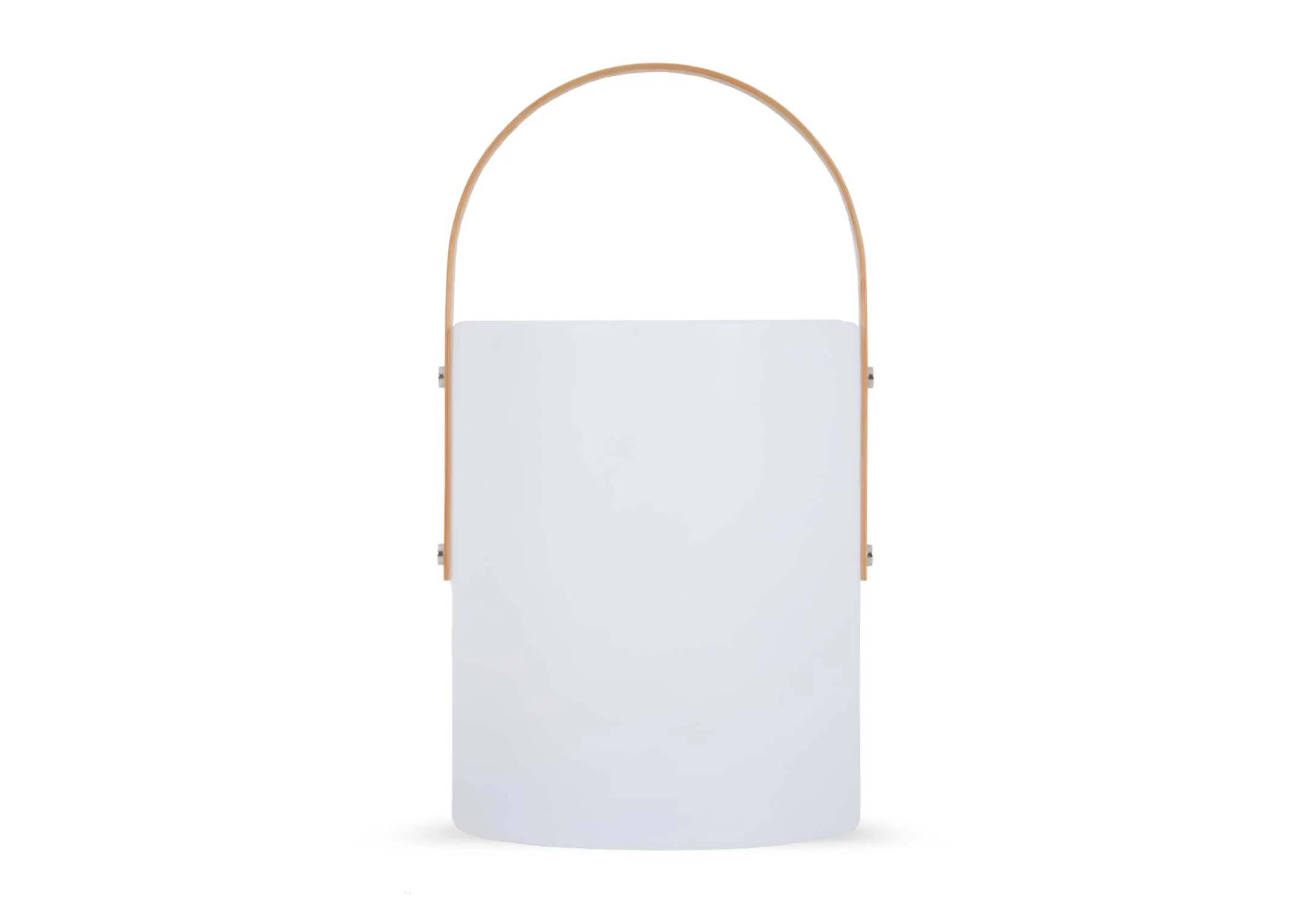 A white LED Outdoor table lamp with handle from EZ Livings Spica Range. Front view of large white pot shaoe with wood handle.