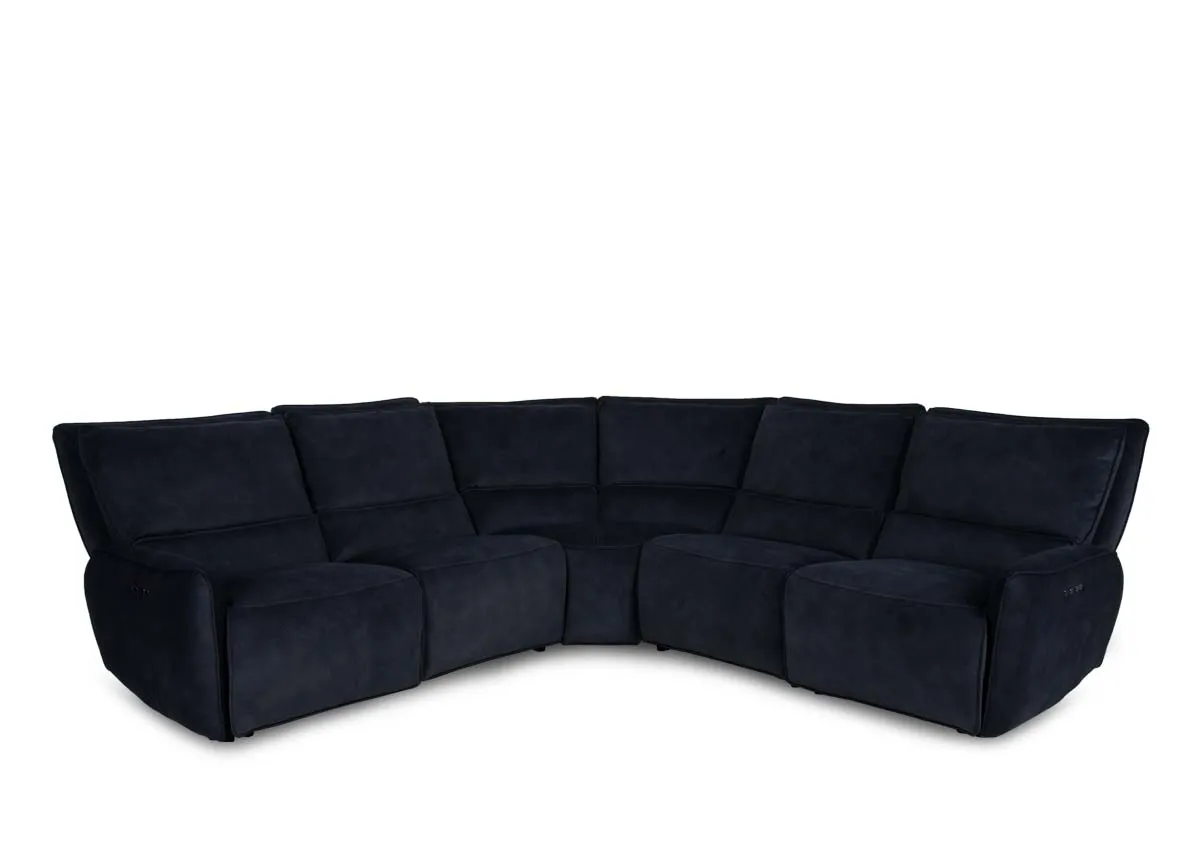 A medium navyy fabric corner sofa from EZ Livings Quentin range. Angled view of sofa in fixed mode